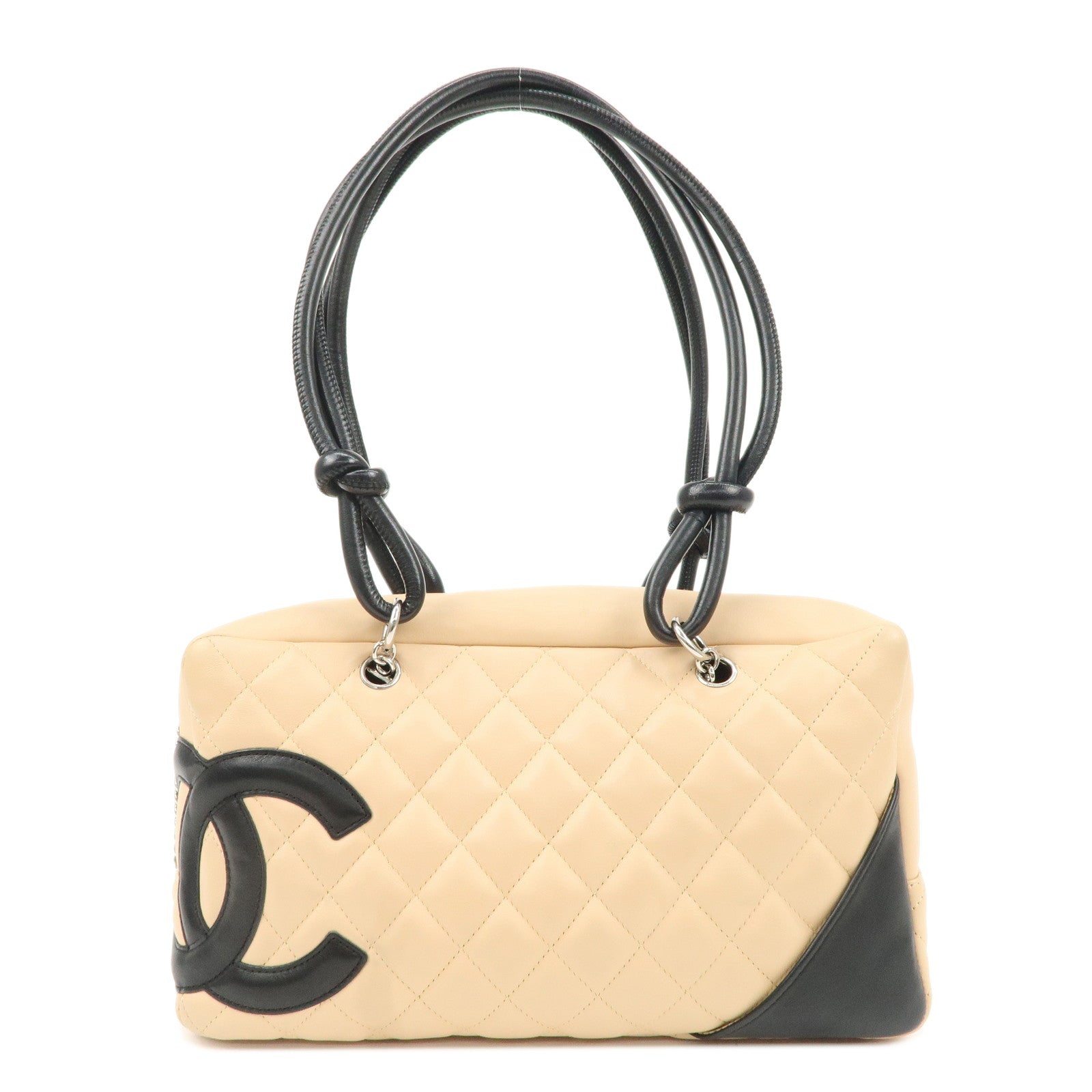 CHANEL-Cambon-Line-Lamb-Skin-Bowling-Bag-Beige-Black-A25171