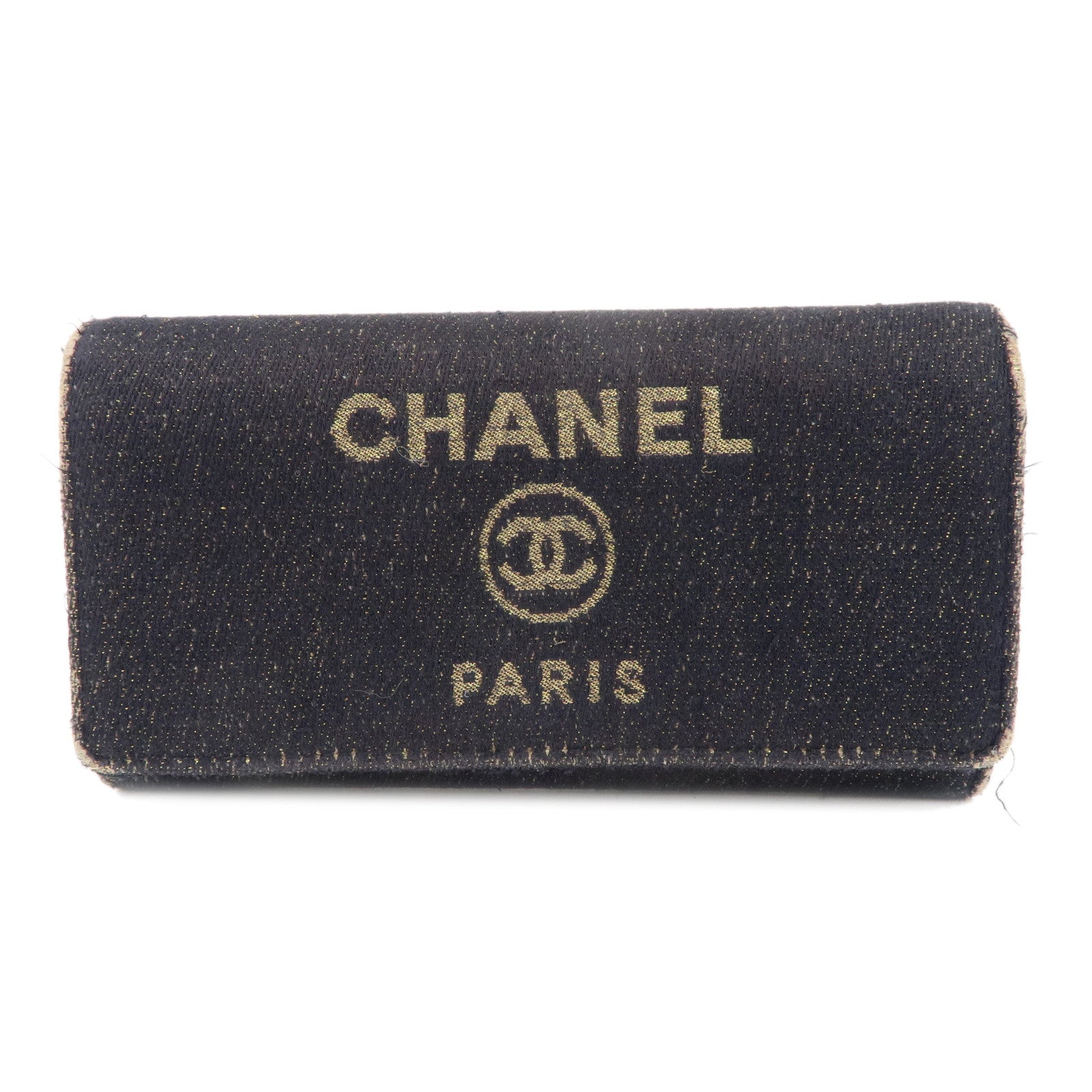 CHANEL-Deauville-Canvas-Bi-fold-Long-Wallet-Purse-Navy-Gold