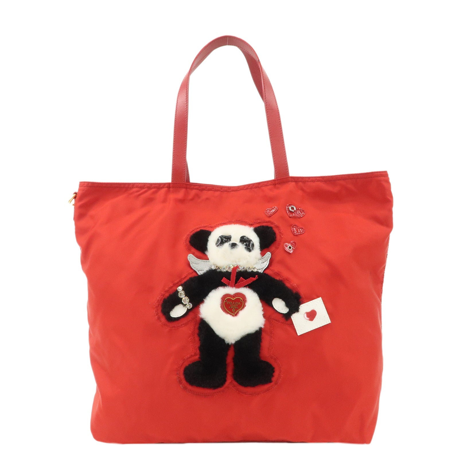 AuthenticPRADA-Nylon-Leaather-Panda-Tote-Bag-Shoudler-Bag-Red-BR4249