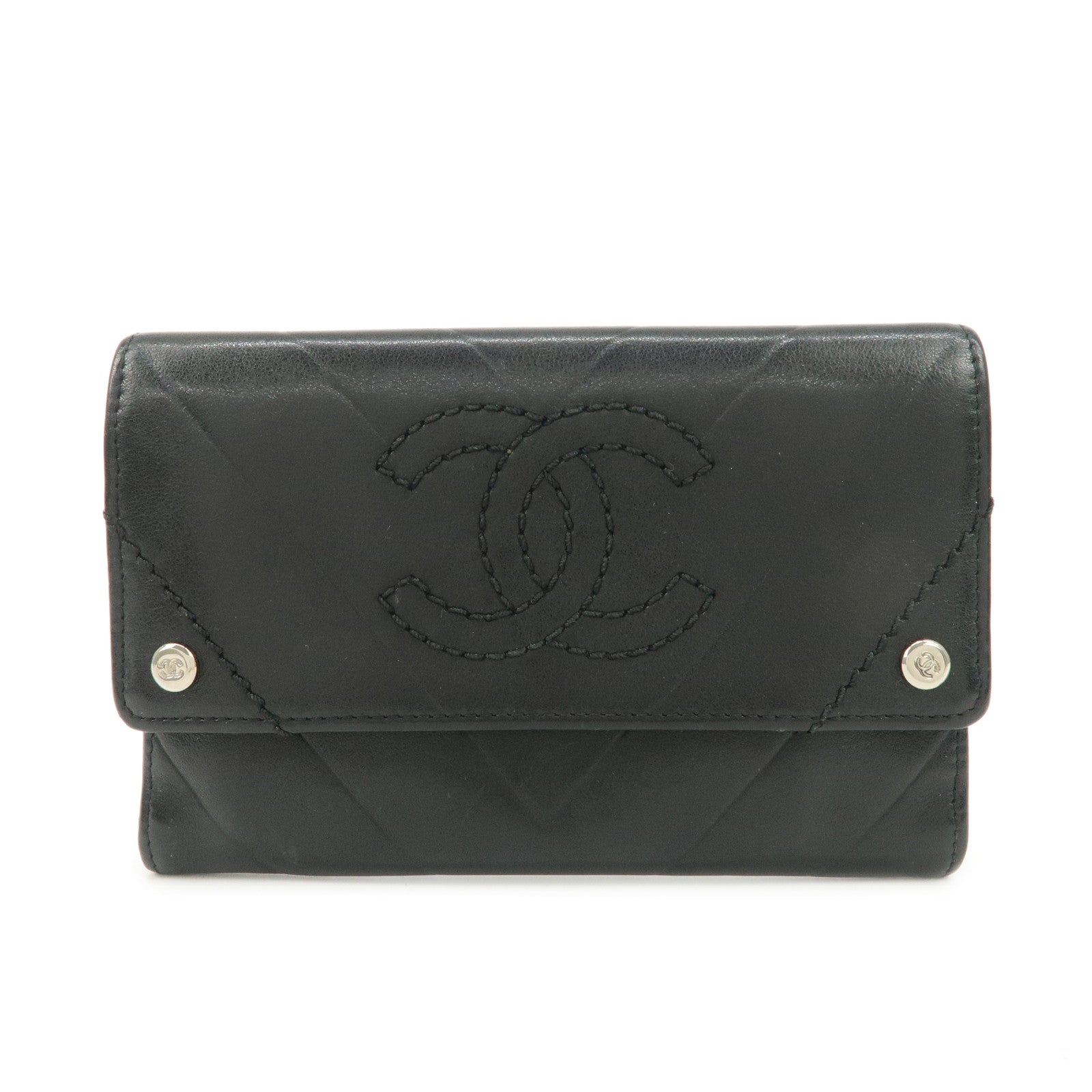 CHANEL-V-Stitch-Lamb-Skin-COCO-Mark-Hook-Bi-Fold-Wallet-Black