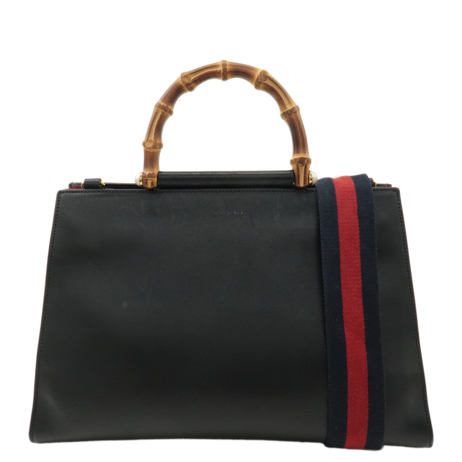 GUCCI-Bamboo-Leather-Suede-2WAY-Handbag-Black-Red-453764