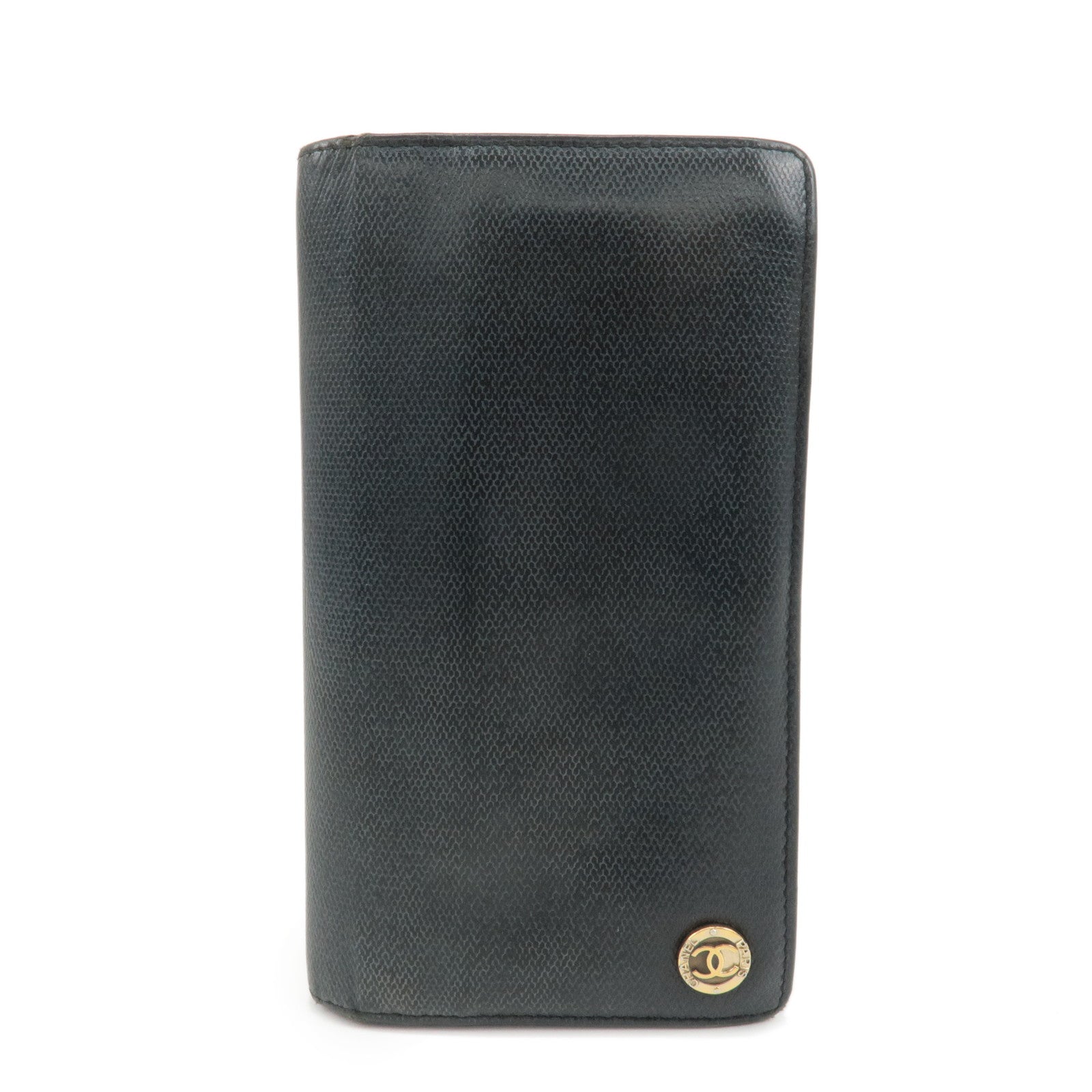 CHANEL-COCO-Button-Leather-Bi-Fold-Long-Wallet-Black