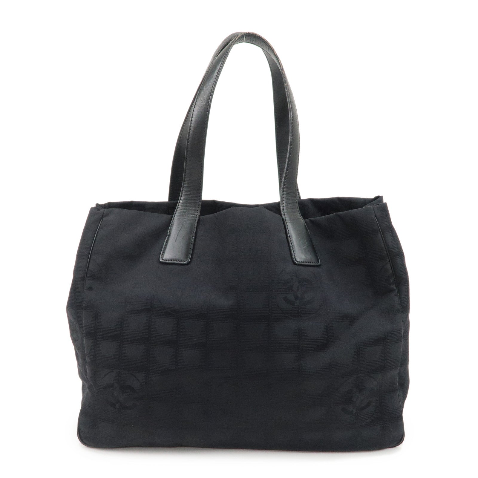 CHANEL-Travel-Line-Nylon-Jacquard-Leather-Tote-Bag-MM-Black-A15991Used-F/S