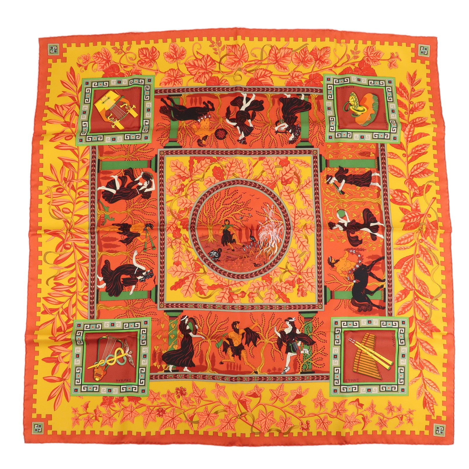 HERMES-Carre-90-Silk-100%-Scarf-MUSIQUE-DES-DIEUX-Red-Orange