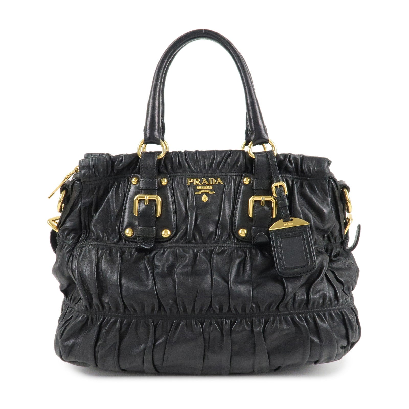 PRADA-Leather-2way-Bag-Hand-bag-Black-Gold-Hardware