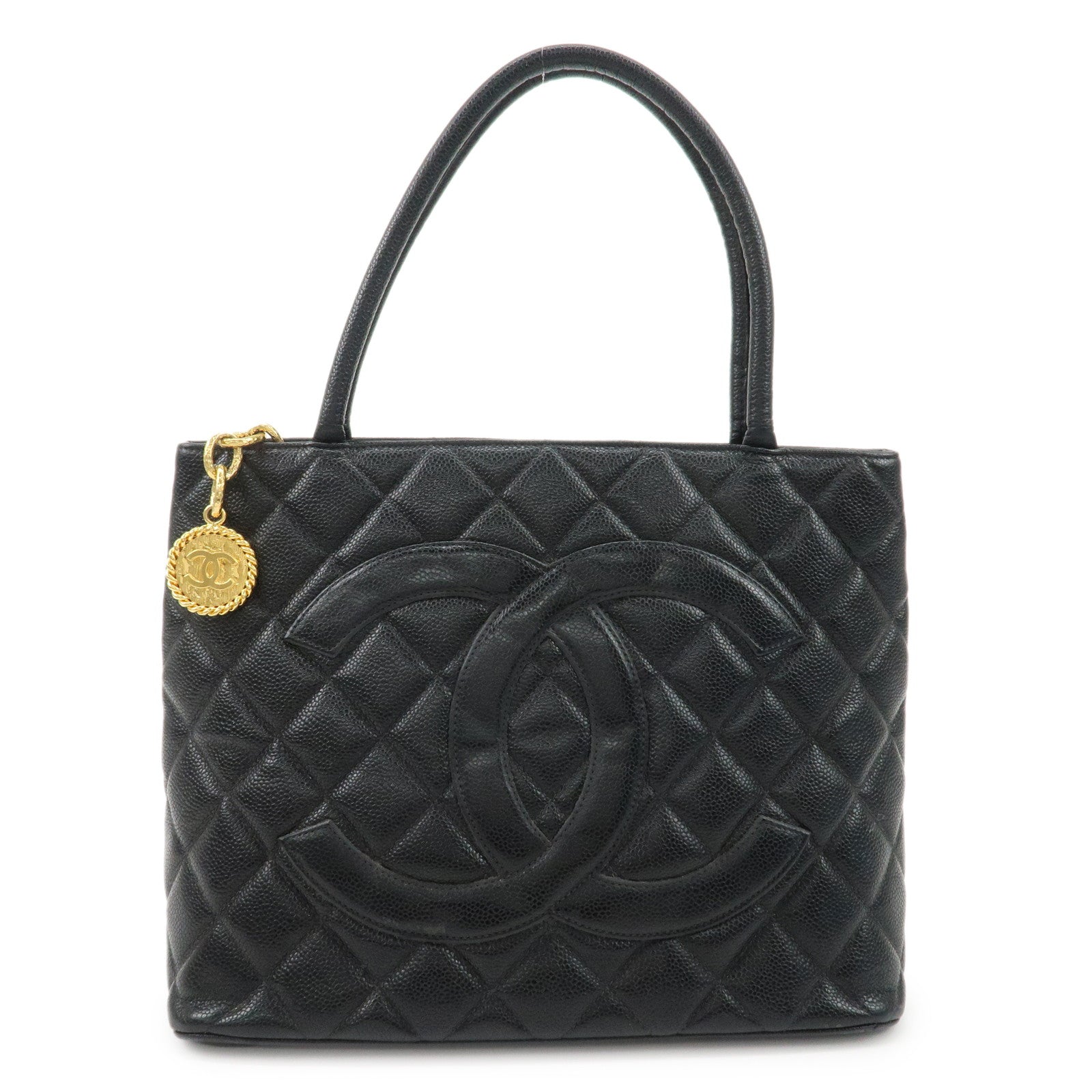 CHANEL-Matelasse-Caviar-Skin-Medalion-Tote-Bag-Black-A01804