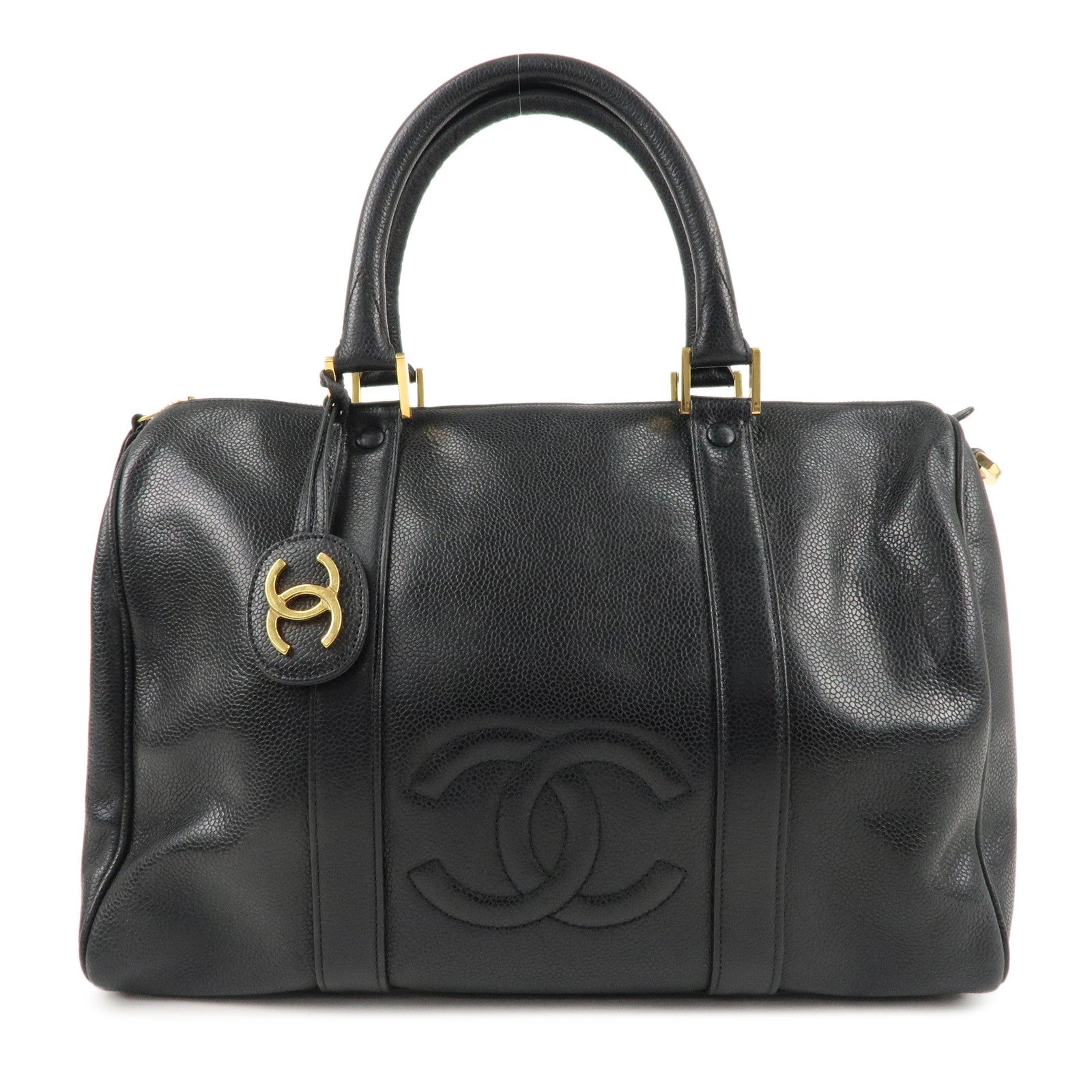 CHANEL-Caviar-Skin-COCO-Mark-Boston-bag-Hand-Bag-Black-Gold-HDW