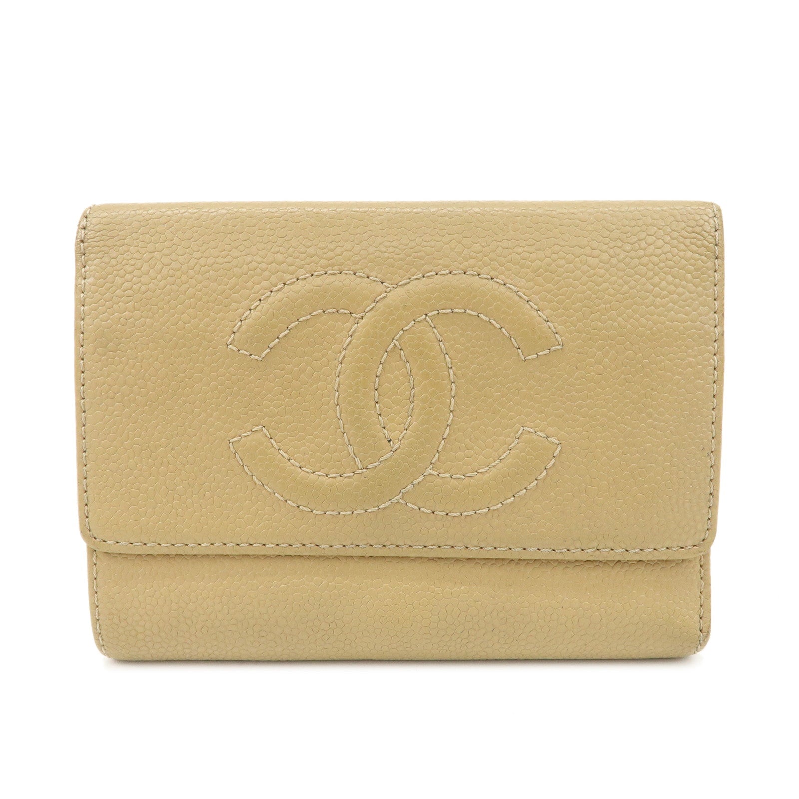 CHANEL-Caviar-Skin-COCO-Mark-Tri-Fold-Wallet-Beige-Gold