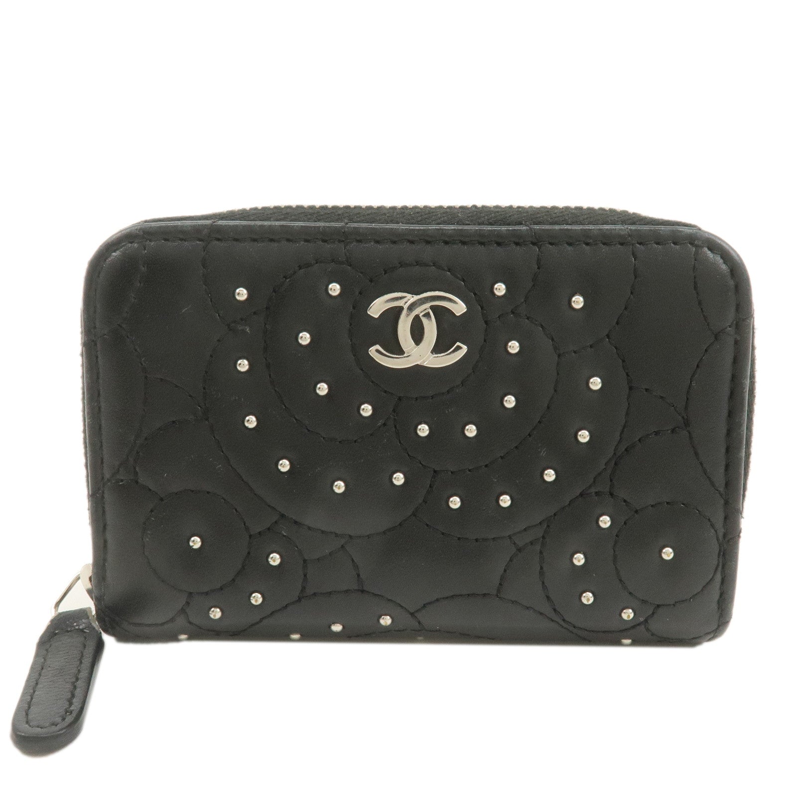 CHANEL-Leather-Camellia-Coin-Purse-Coin-Case-Black