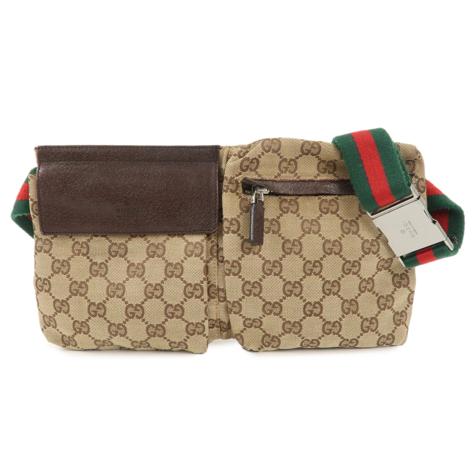 GUCCI-GG-Canvas-Leather-Waist-Bag-Waist-Pouch-Beige-Brown-28566