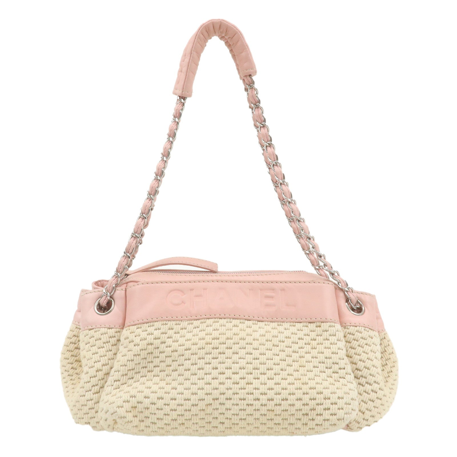 CHANEL-Canvas-Leather-Logo-Chain-​​Tote-Bag-Beige-Pink