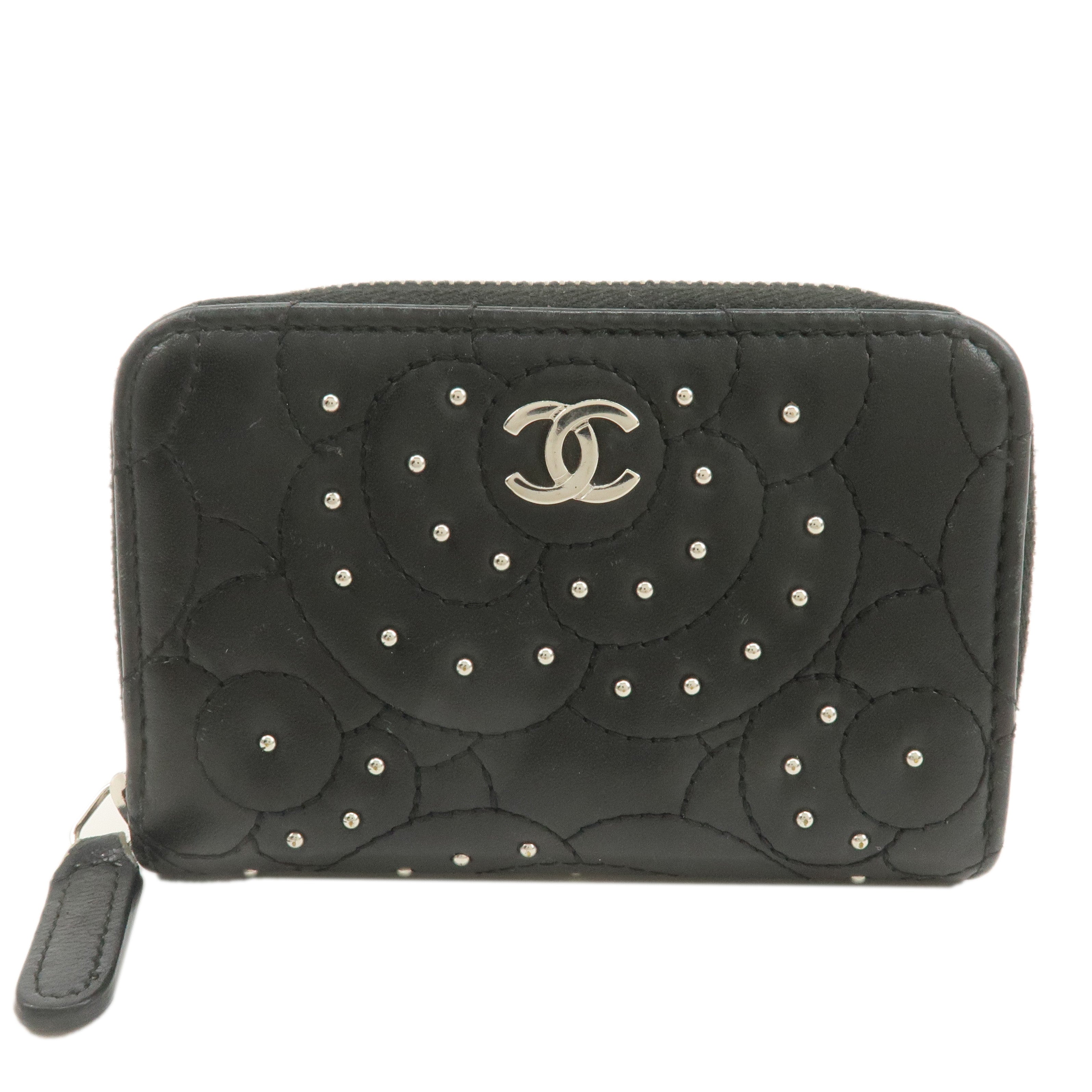 CHANEL Leather Camellia Coin Purse Coin Case Black