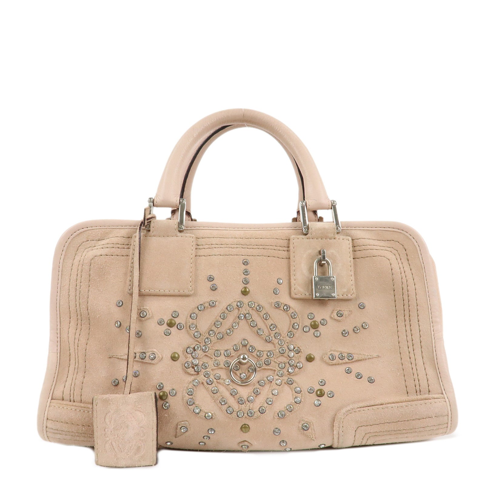 LOEWE-Suede-Amazona-28-Bijou-Hand-Bag-Beige-Pink-Silver-Hardware