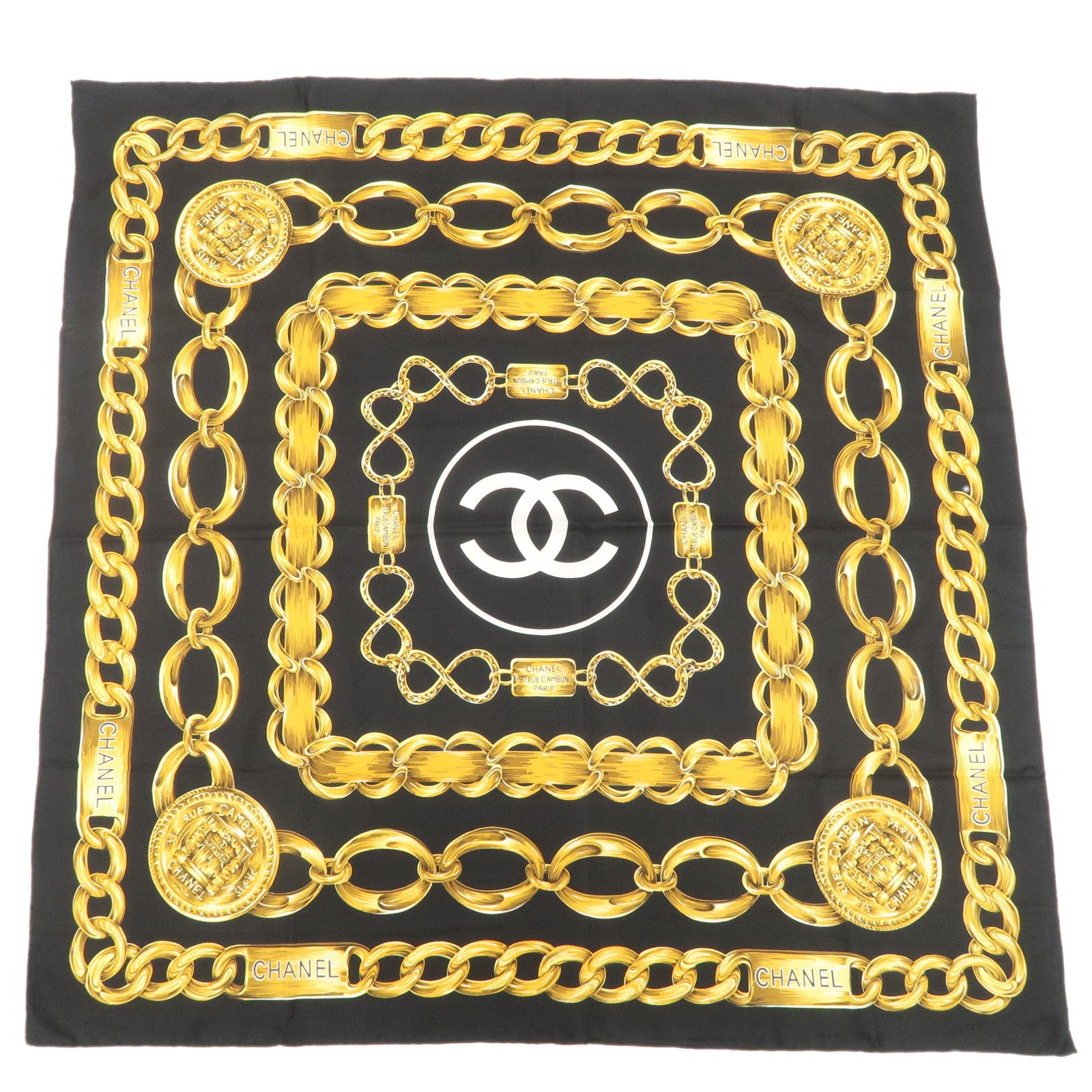 CHANEL-Silk-100-%-Scarf-Coco-Mark-Chain-Black-Gold