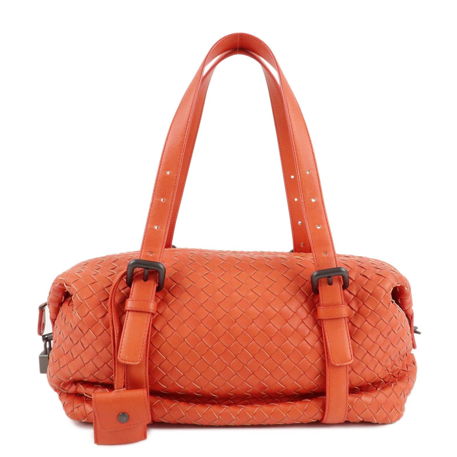 BOTTEGA-VENETA-Intrecciato-Leather-Boston-Bag-Orange