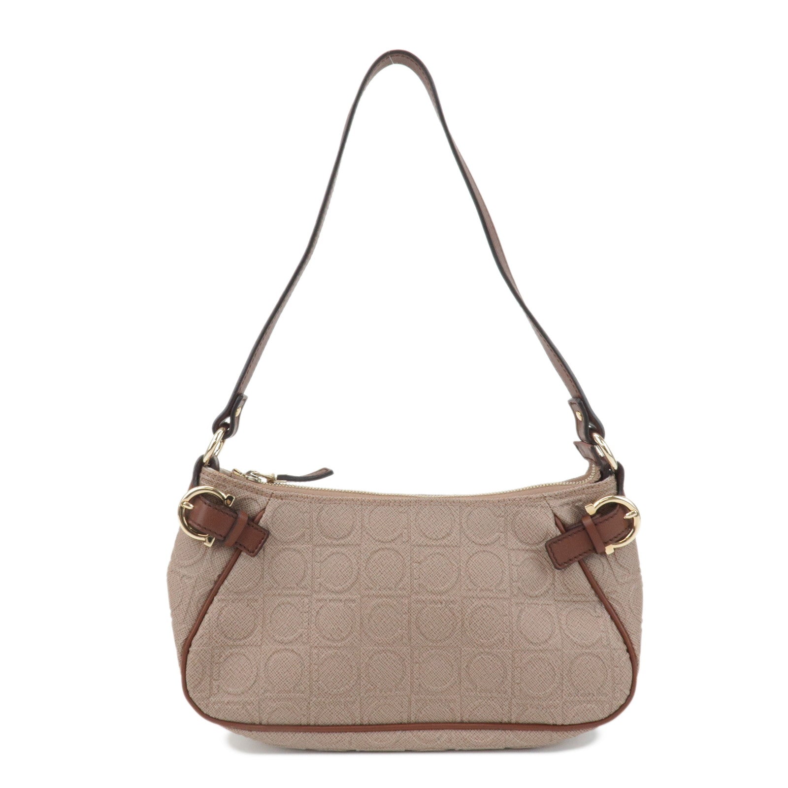 Ferragamo-Gancini-PVC-Leather-Shoulder-Bag-Pink-Beige-Brown