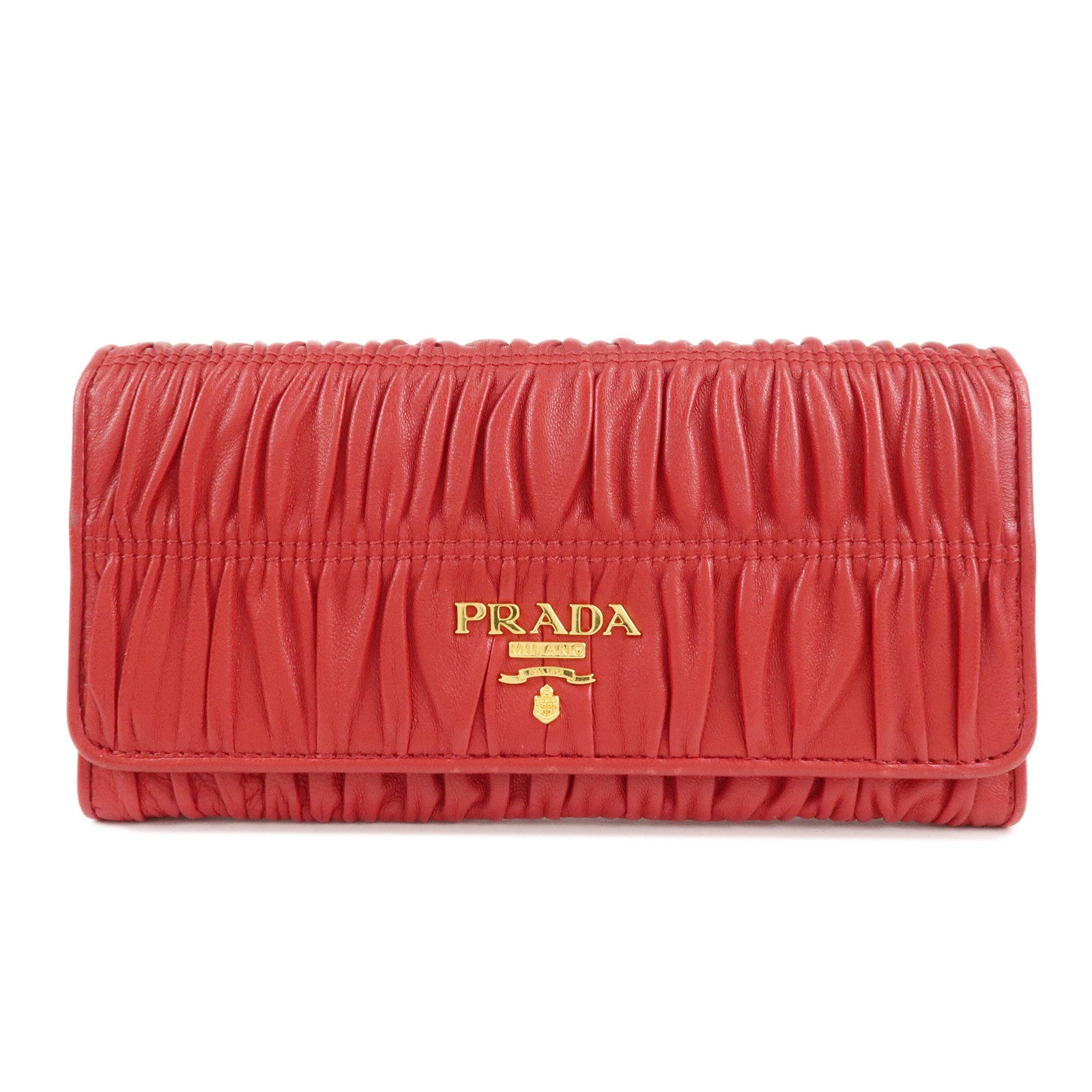 PRADA-Logo-Leather-Bi-Fold-Long-Wallet-Red-Gold-Hardware