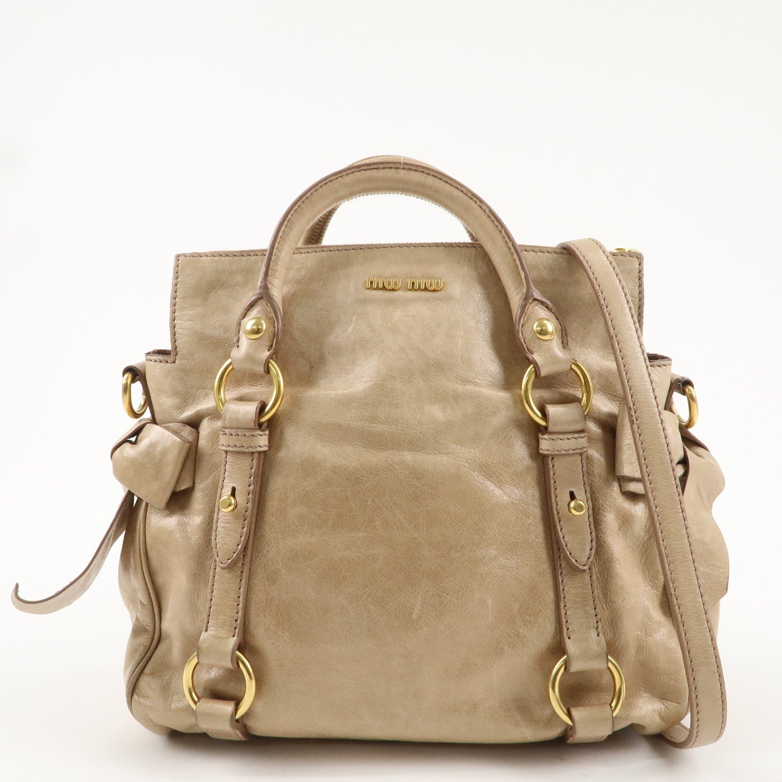 MIU MIU Leather Side Ribbon 2WAY Hand Shoulder Bag Beige PT0438