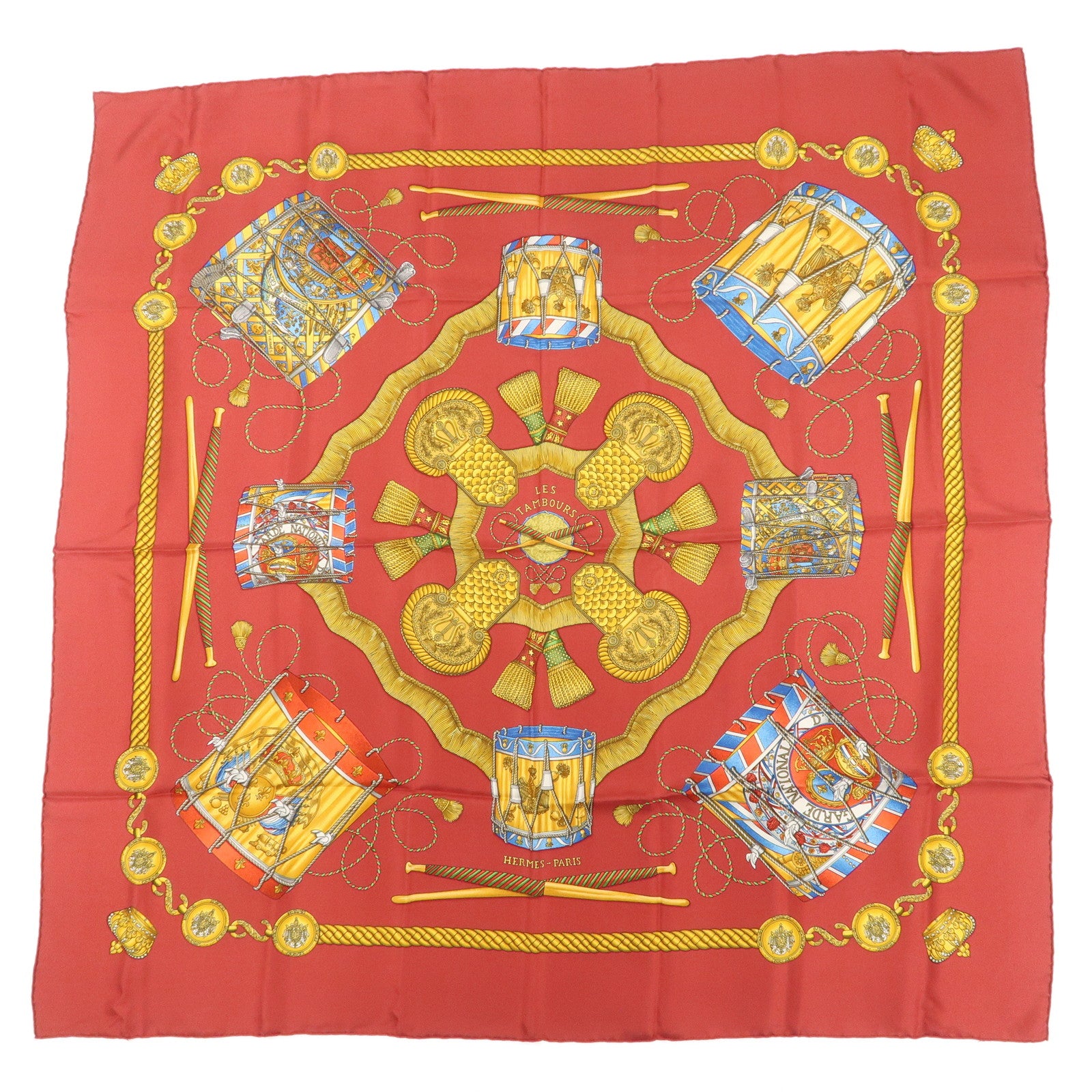 HERMES-Carre-90-100%-Silk-Scarf-LES-TAMBOURS-Drum-Print-Wine-Red