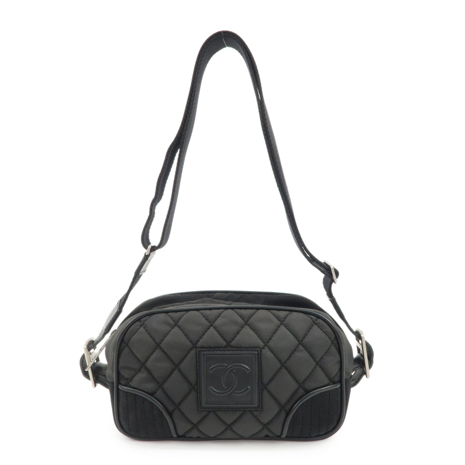 CHANEL-Sports-Matelasse-Nylon-Canvas-COCO-Mark-Shoulder-Bag-Black