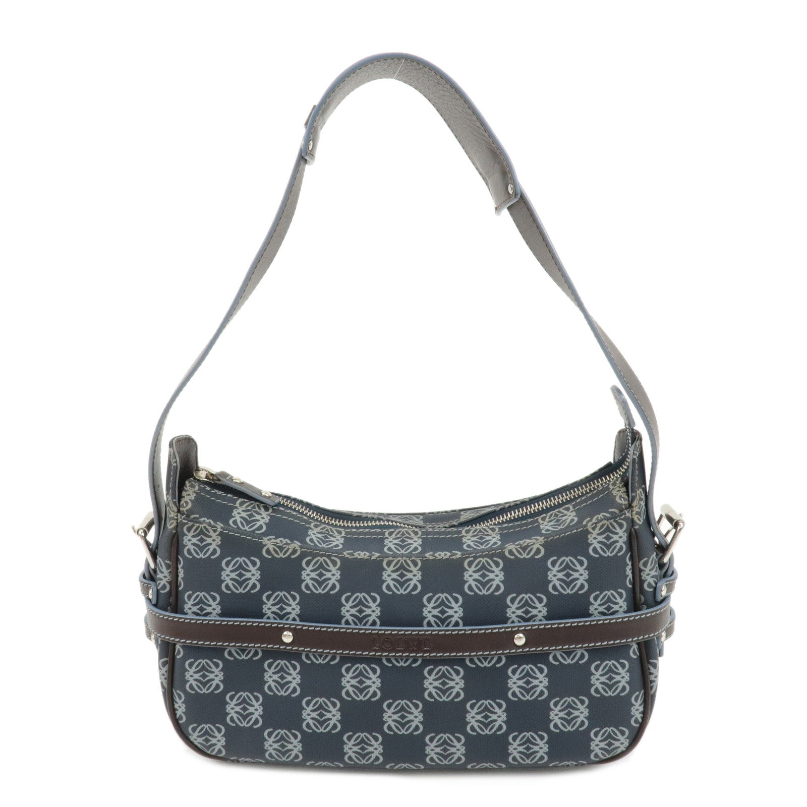 LOEWE-Anagram-PVC-Leather-Shoulder-Bag-Navy-White-Brown