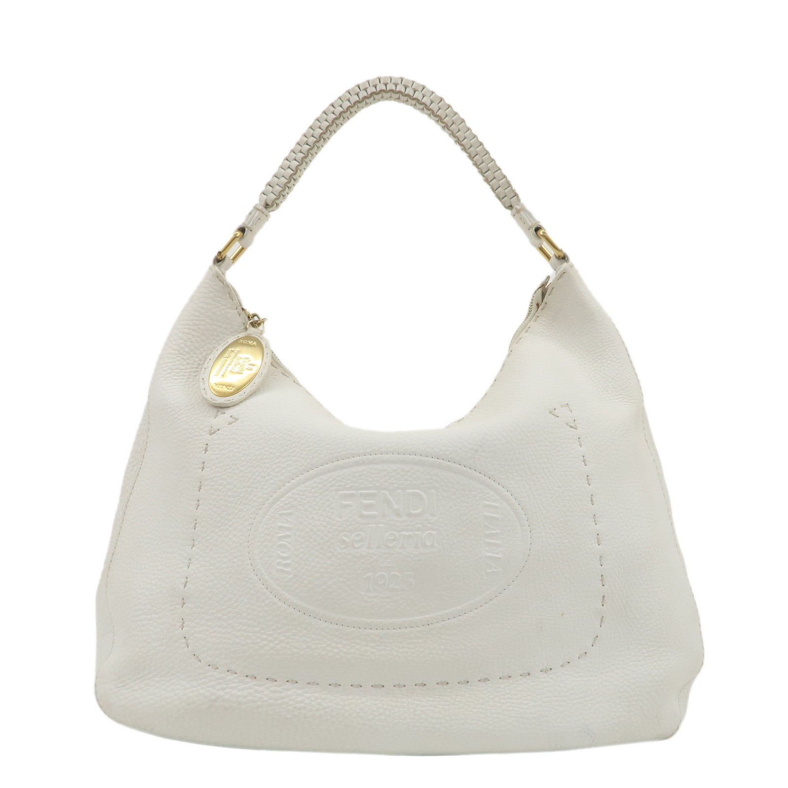 FENDI-Selleria-Leather-Shoulder-Bag-White-Gold-Hardware-8BR648