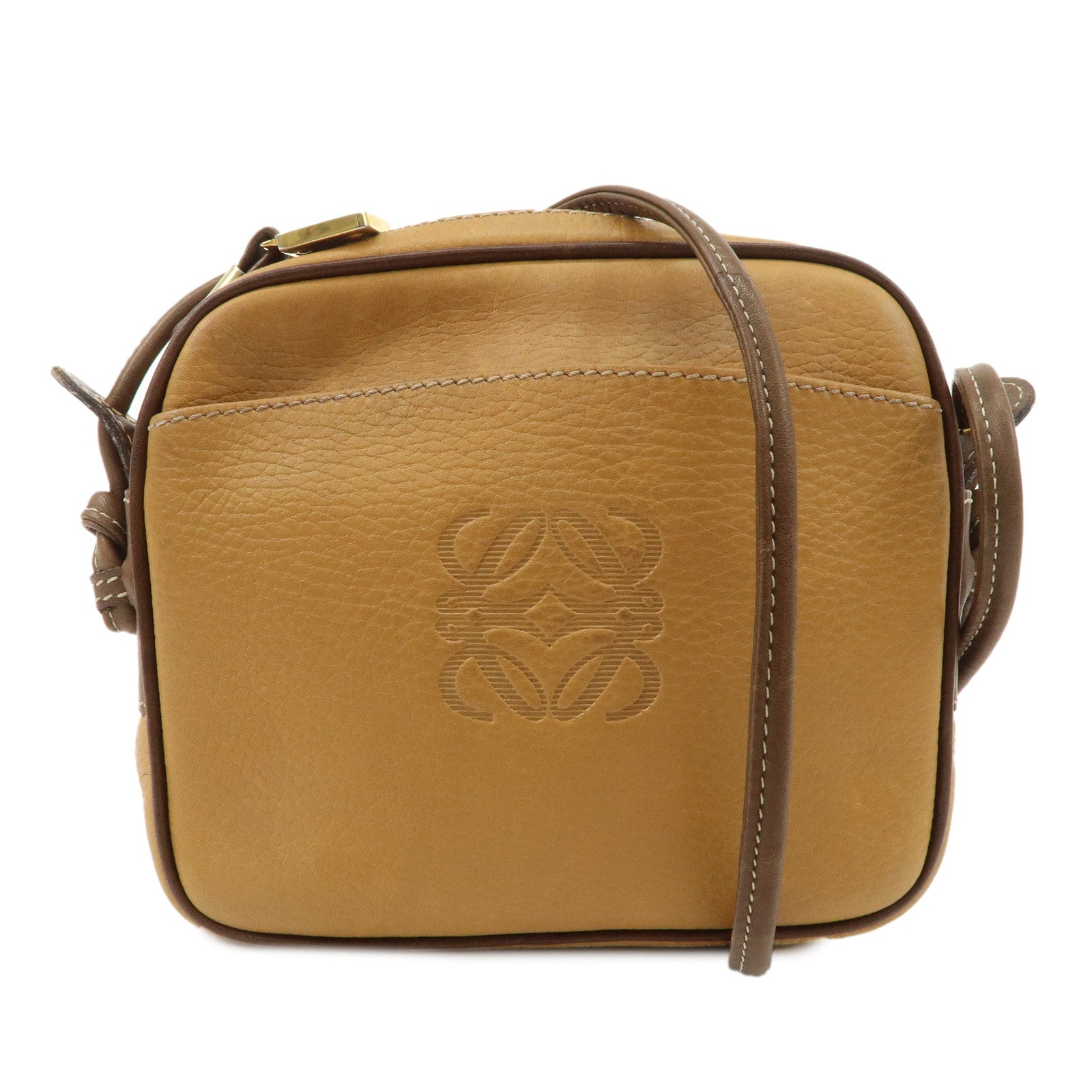 LOEWE-Anagram-Leather-Shoulder-Bag-Brown-Gold-Hardware