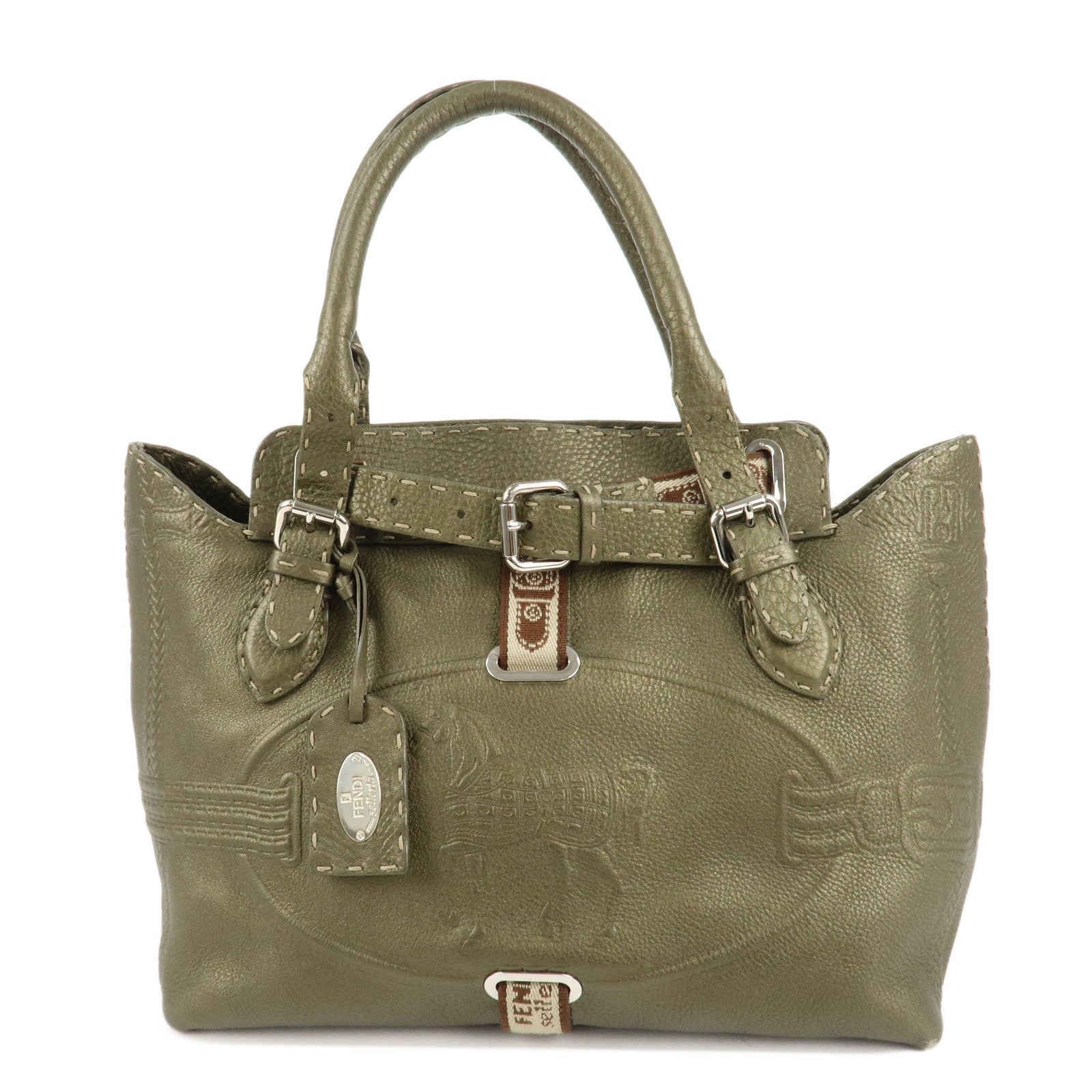 FENDI-Selleria-Leather-Tote-Bag-Shoulder-Bag-Khaki-8BN155