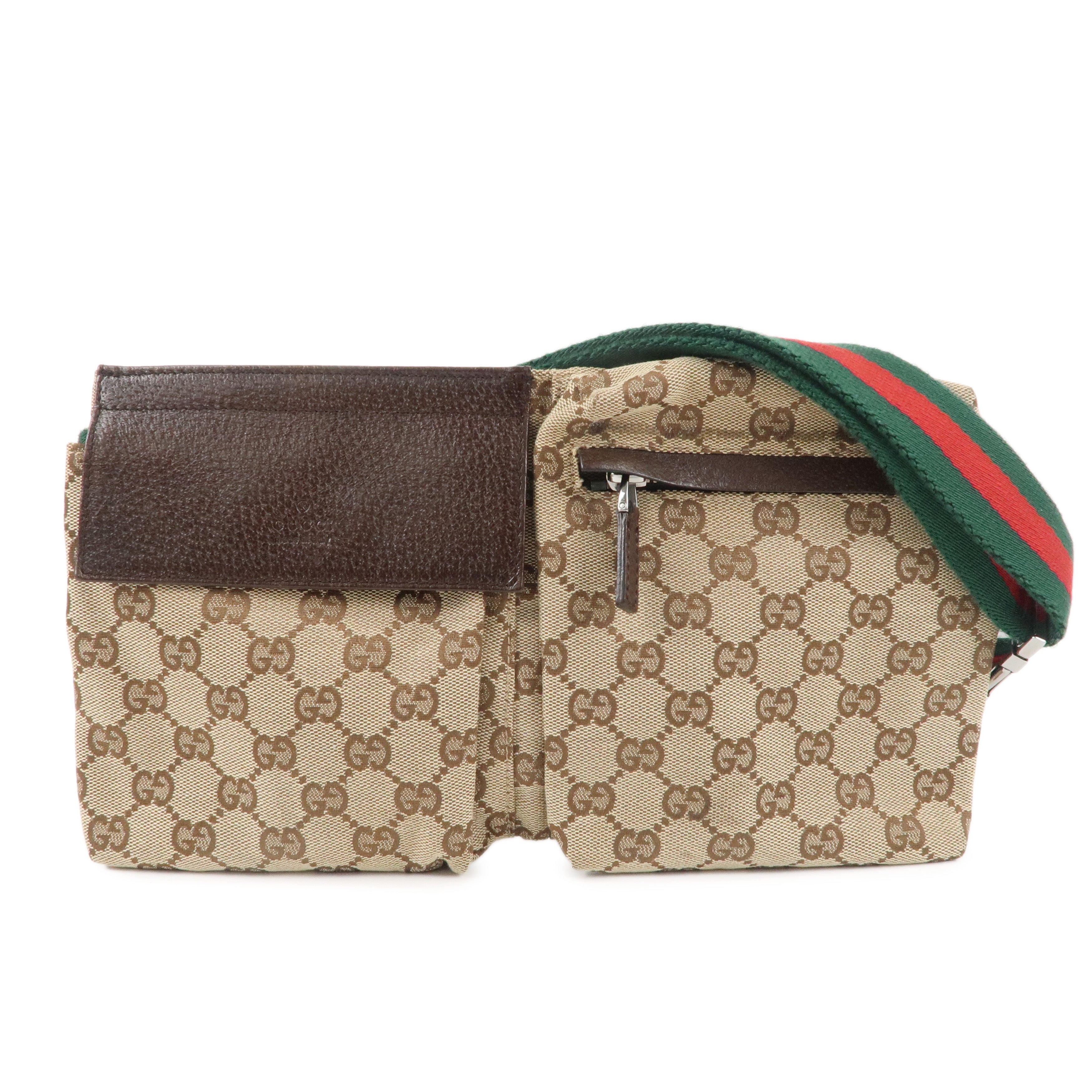 GUCCI GG Canvas Leather Waist Bag Crossbody Bag Beige Brown 28566