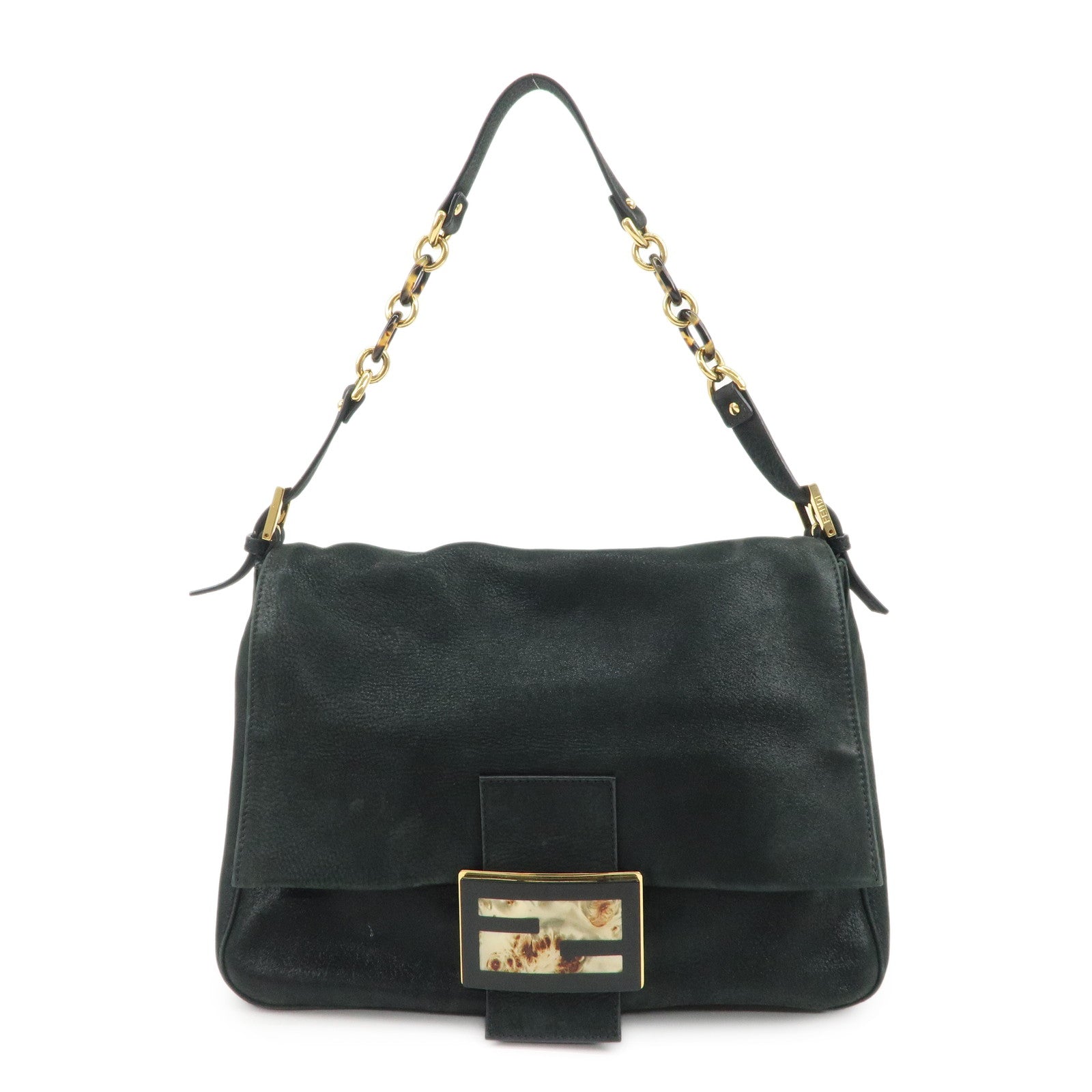 FENDI-Mamma-Baguette-Leather-Chain-Shoulder-Bag-Gold-Black-8BR638