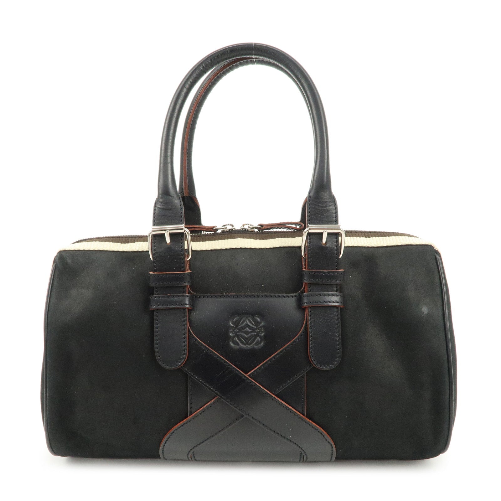 LOEWE-Anagram-Suede-Leather-2Way-Boston-Bag-Black-Silver-Hardware