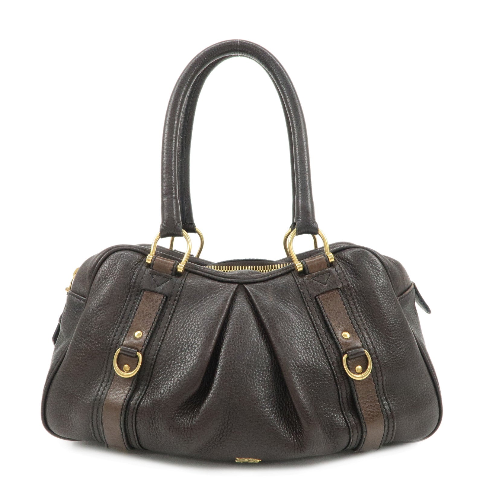 BURBERRY-Leather-Boston-Bag-Hand-Bag-Dark-Brown