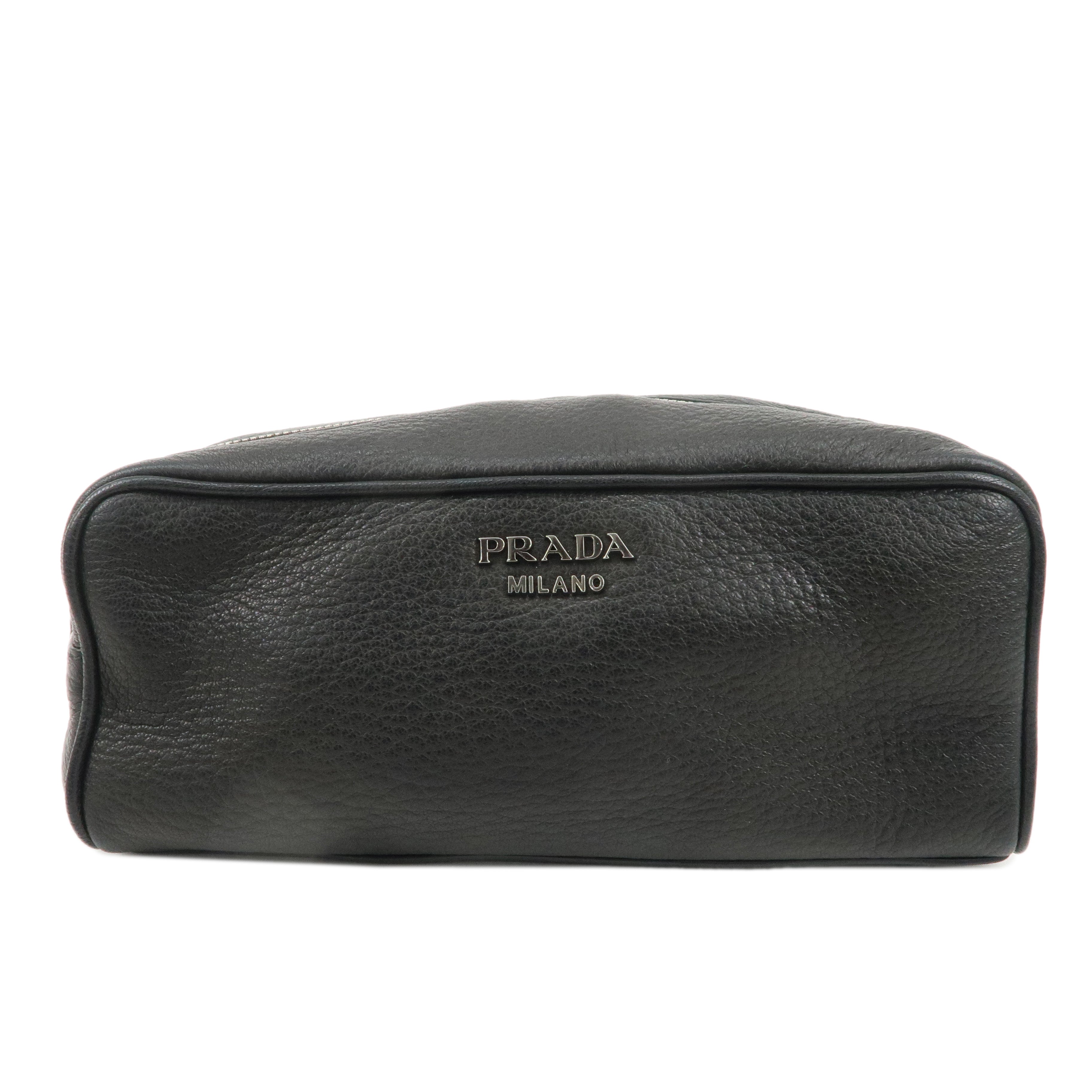 PRADA-Logo-Leather-Pouch-Cosmetic-Pouch-Black-Silver-HDW