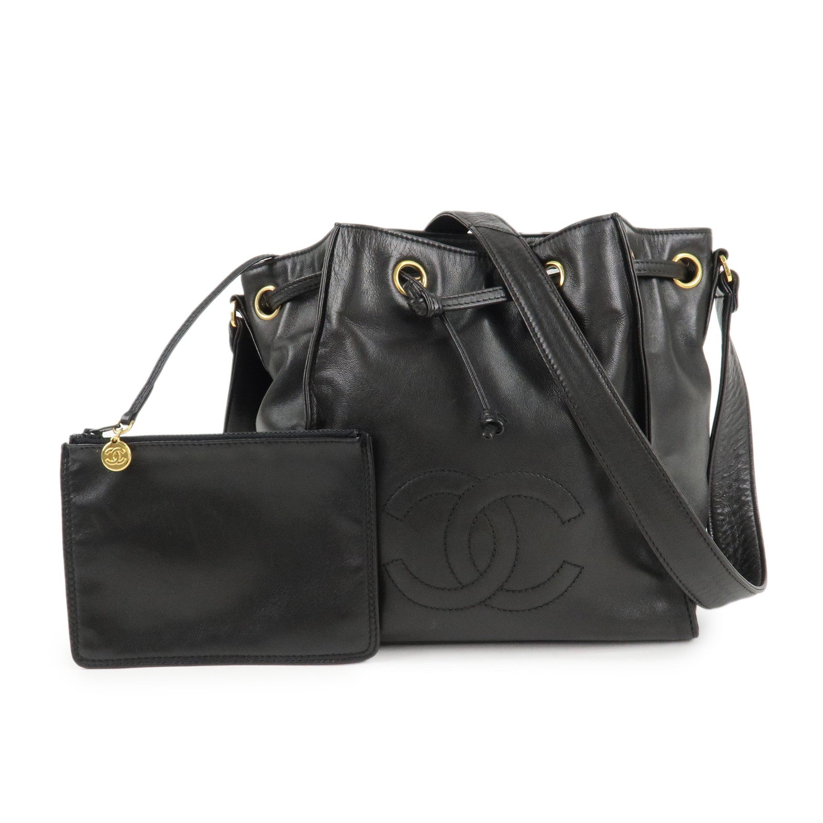 CHANEL-COCO-Mark-Lamb-Skin--Stitch-Shoulder-Bag-Black-Gold