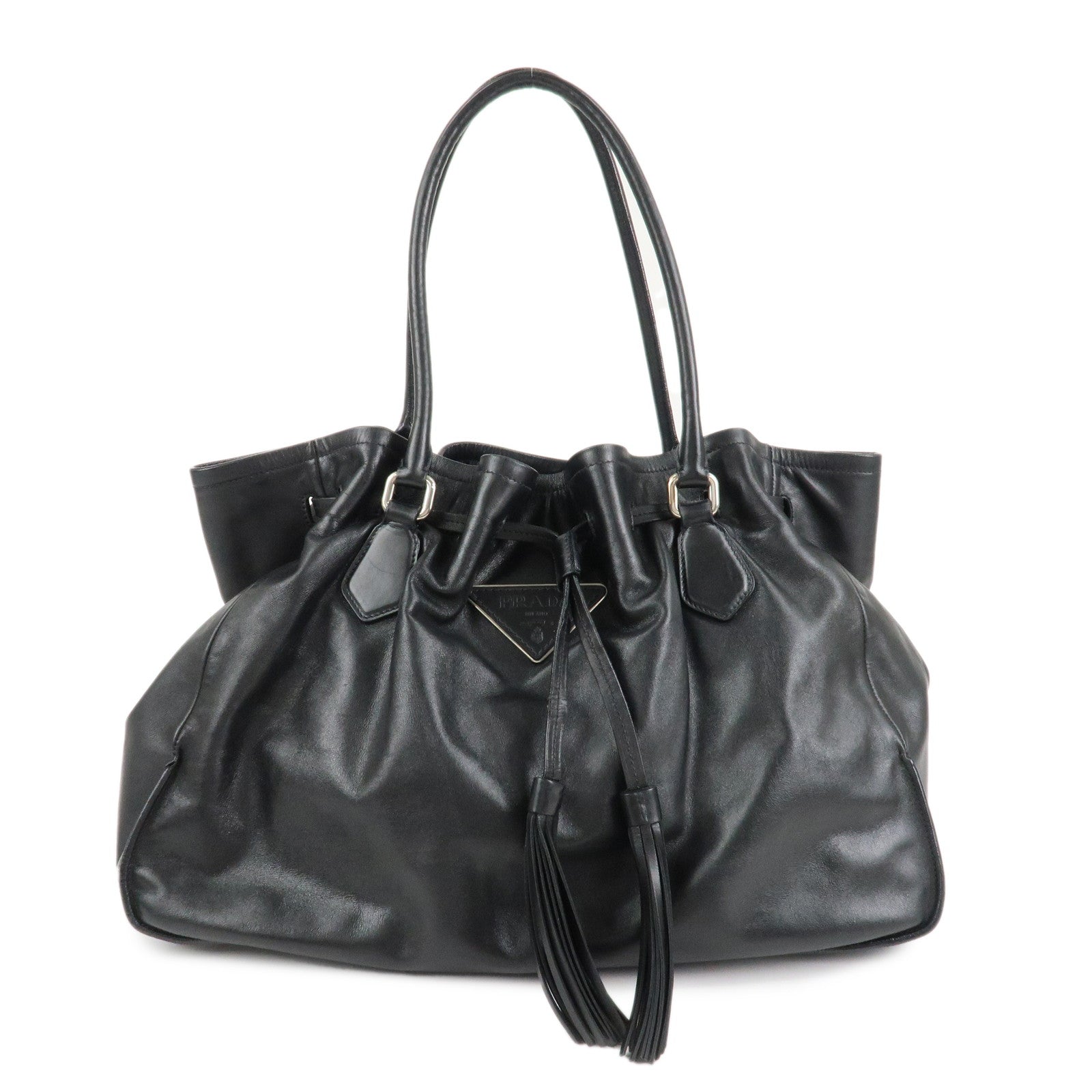 PRADA-Triangle-Logo-Leather-Tote-Bag-Black