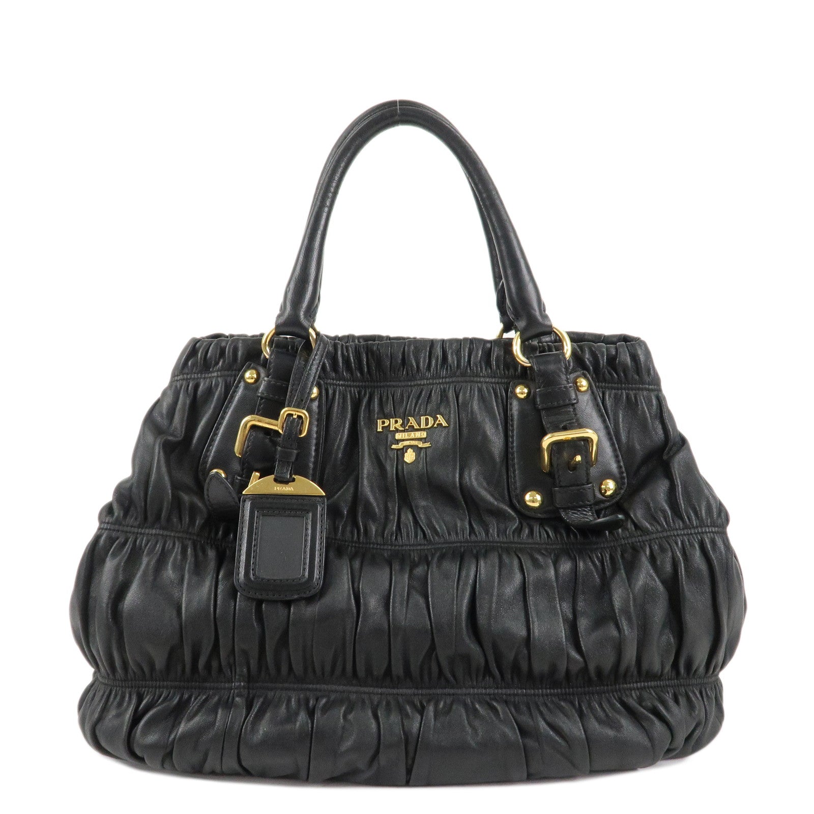 PRADA-Leather-2Way-Bag-Hand-Bag-Shoulder-Bag-Black-Gold-HDW