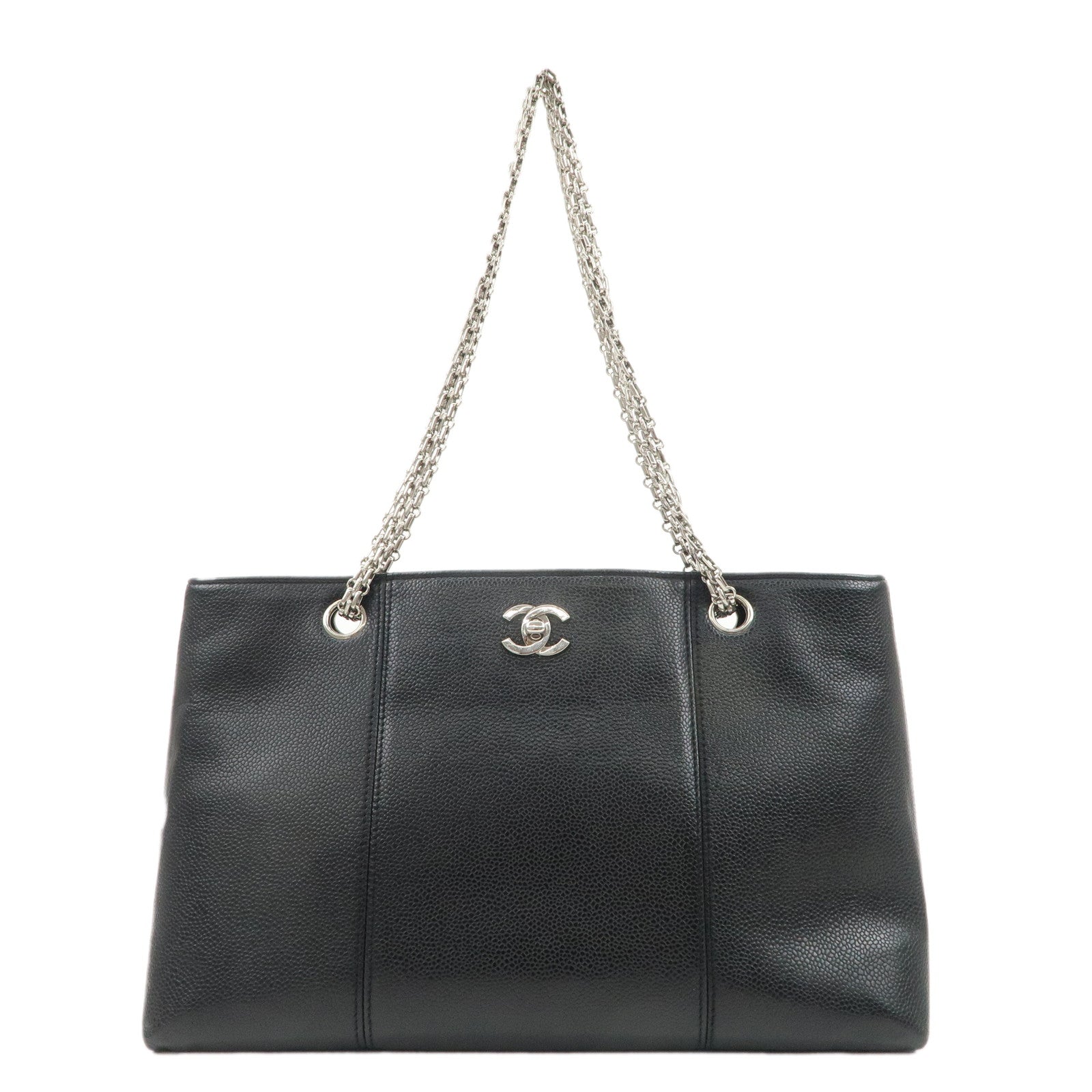 CHANEL-Caviar-Skin-Chain-Tote-Bag-Shoulder-Black-Silver-HDW