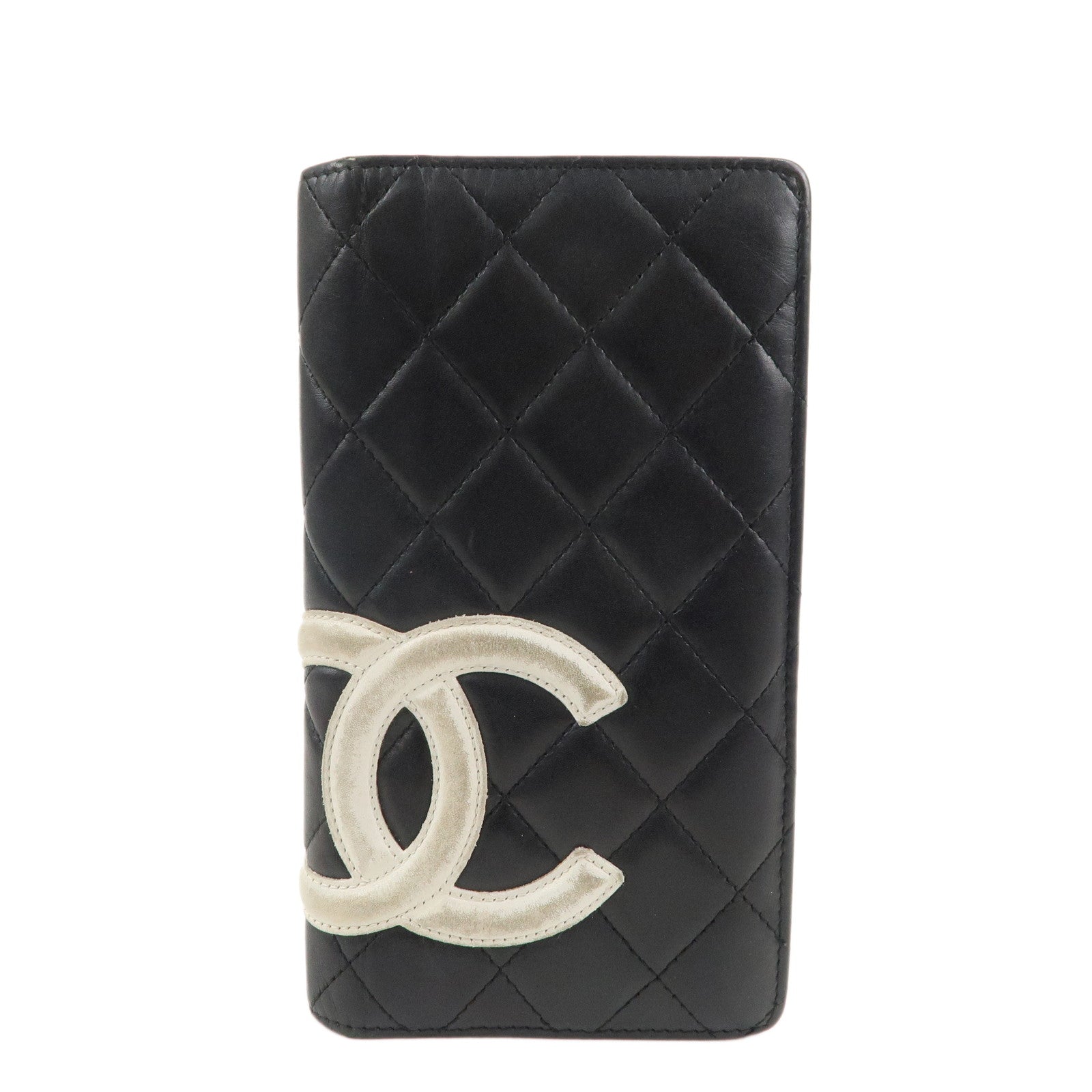 CHANEL-Cambon-Line-Lamb-Skin-Bi-fold-Wallet-Black-White-A26717