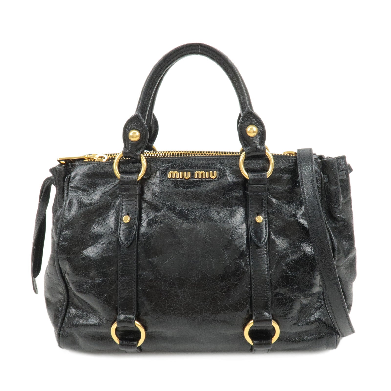 AuthenticMIU-MIU-Leather-2Way-Bag-Hand-Bag-Shoulder-Bag-Black-5BB893