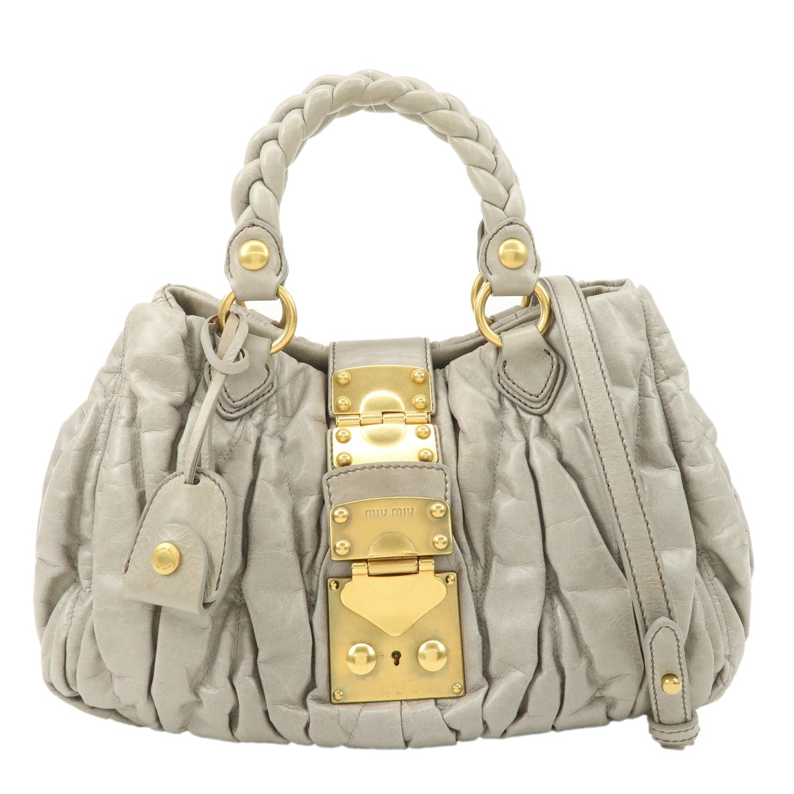 MIU-MIU-Matelasse-Leather-2Way-Bag-Shoulder-Bag-Hand-Bag-Gray