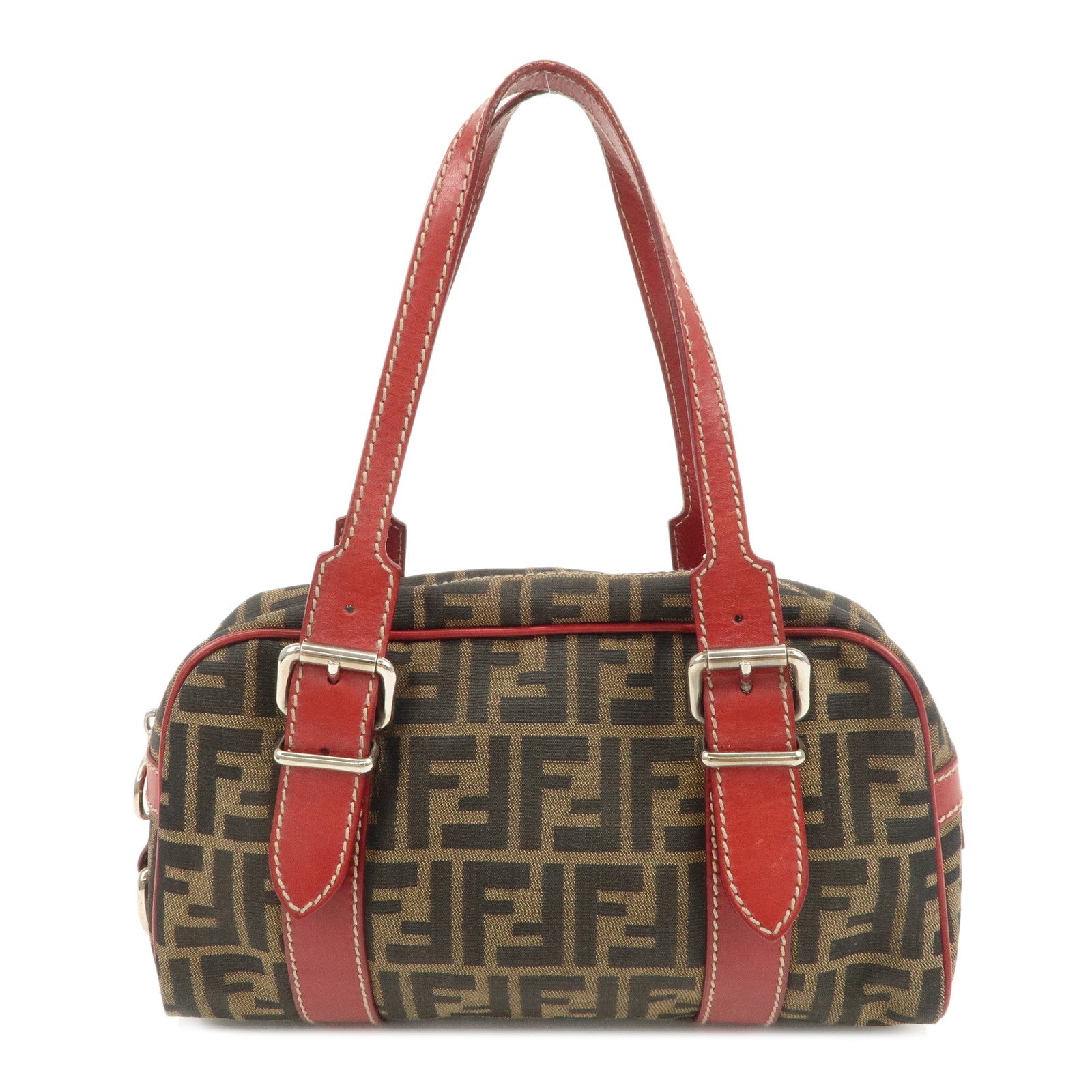 FENDI Zucca Canvas Leather Boston Bag Brown Black Red 8BR149