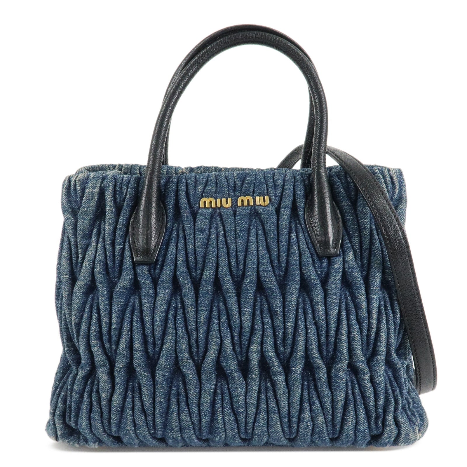 MIU-MIU-Matelasse-Denim-Leather-2Way-Bag-Hand-Bag-Blue-Black