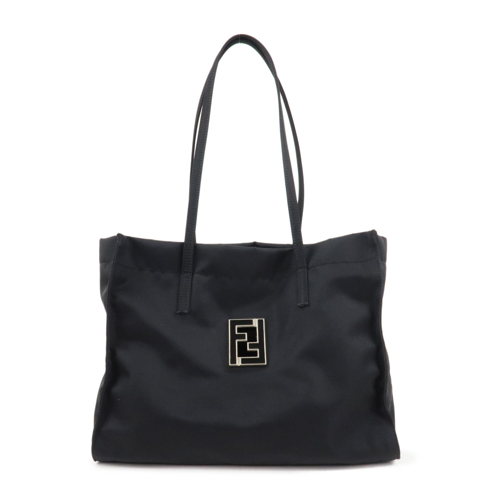 FENDI-Nylon-Tote-Bag-Hand-Bag-Black-Silver-Metal-HDW