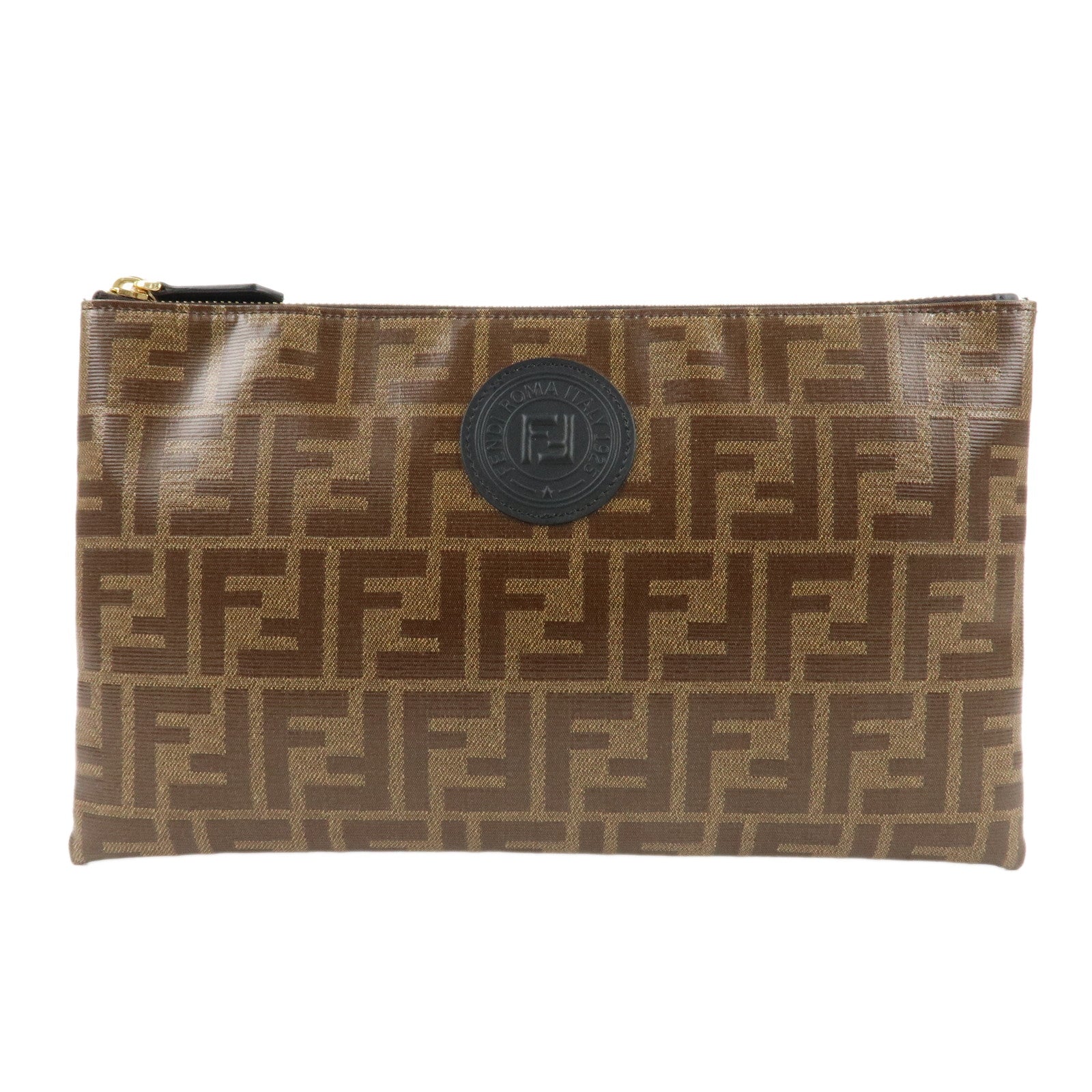 FENDI-Zucca-PVC-Leather-Clutch-Bag-Brown-Black-8N0149