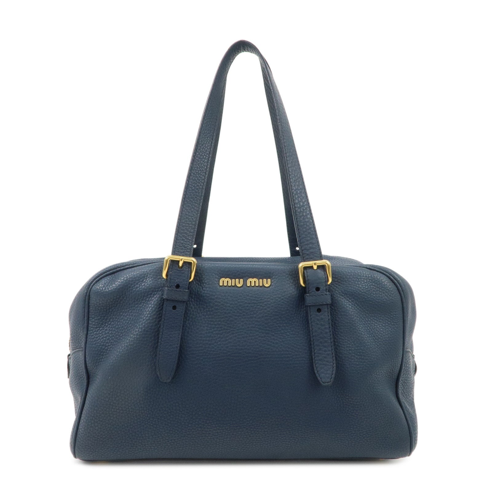 MIU-MIU-Leather-Boston-Bag-Shoulder-Bag-Navy-Gold-HDW