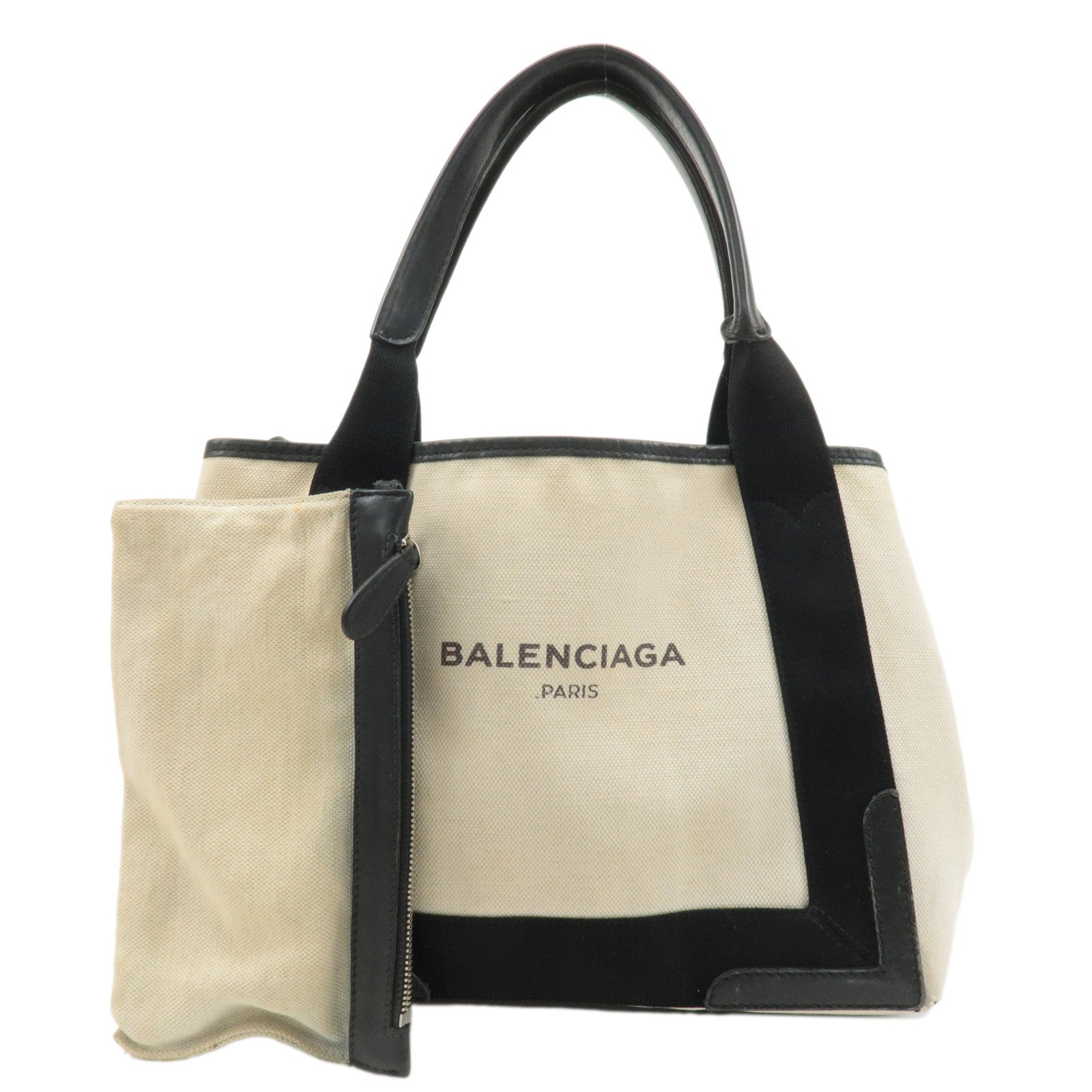 BALENCIAGA Canvas Leather Navy Cabas S Tote Bag Ivory Black 339933