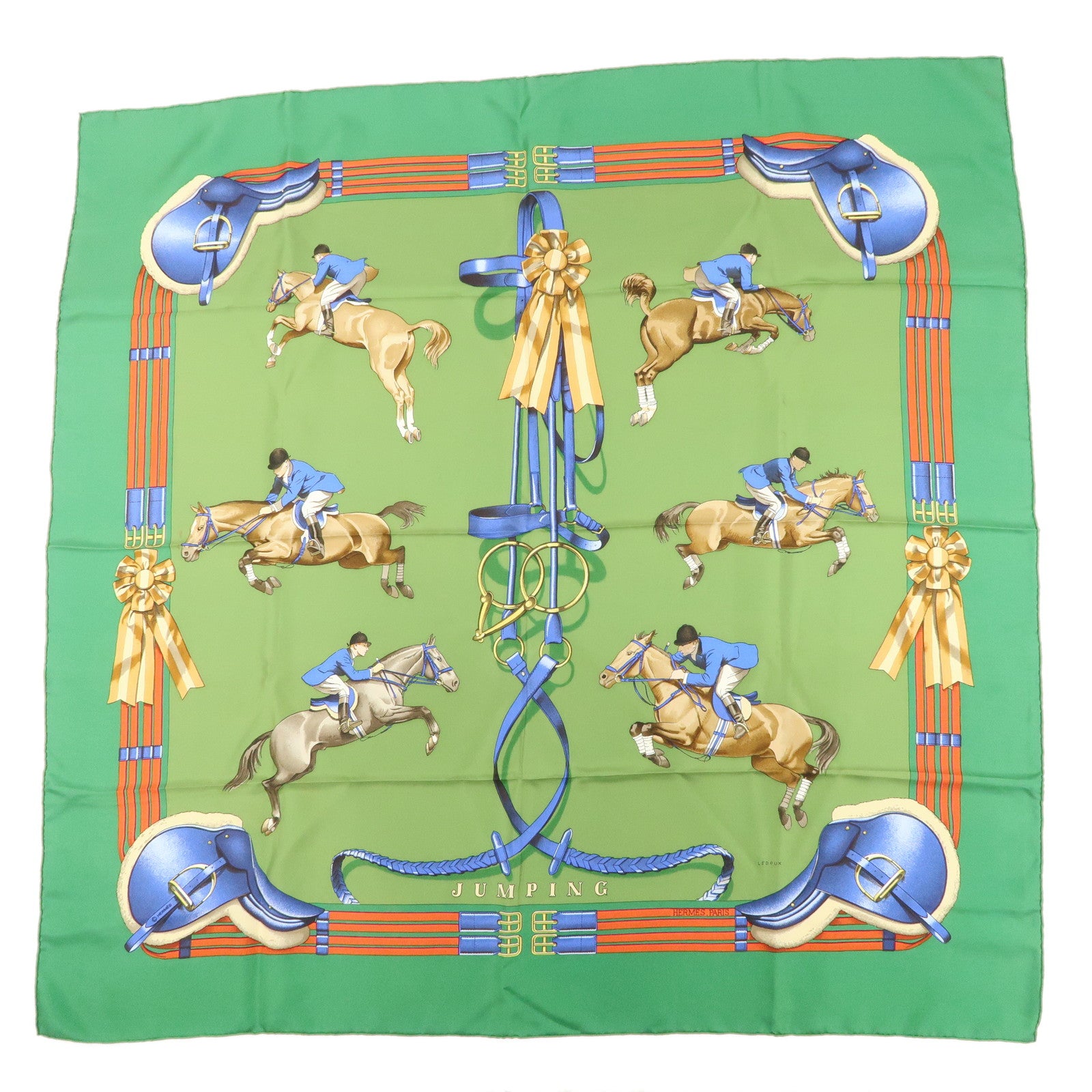 HERMES-Carre-90-100%-Silk-Scarf-JUMPING-Riding-Horse-Green