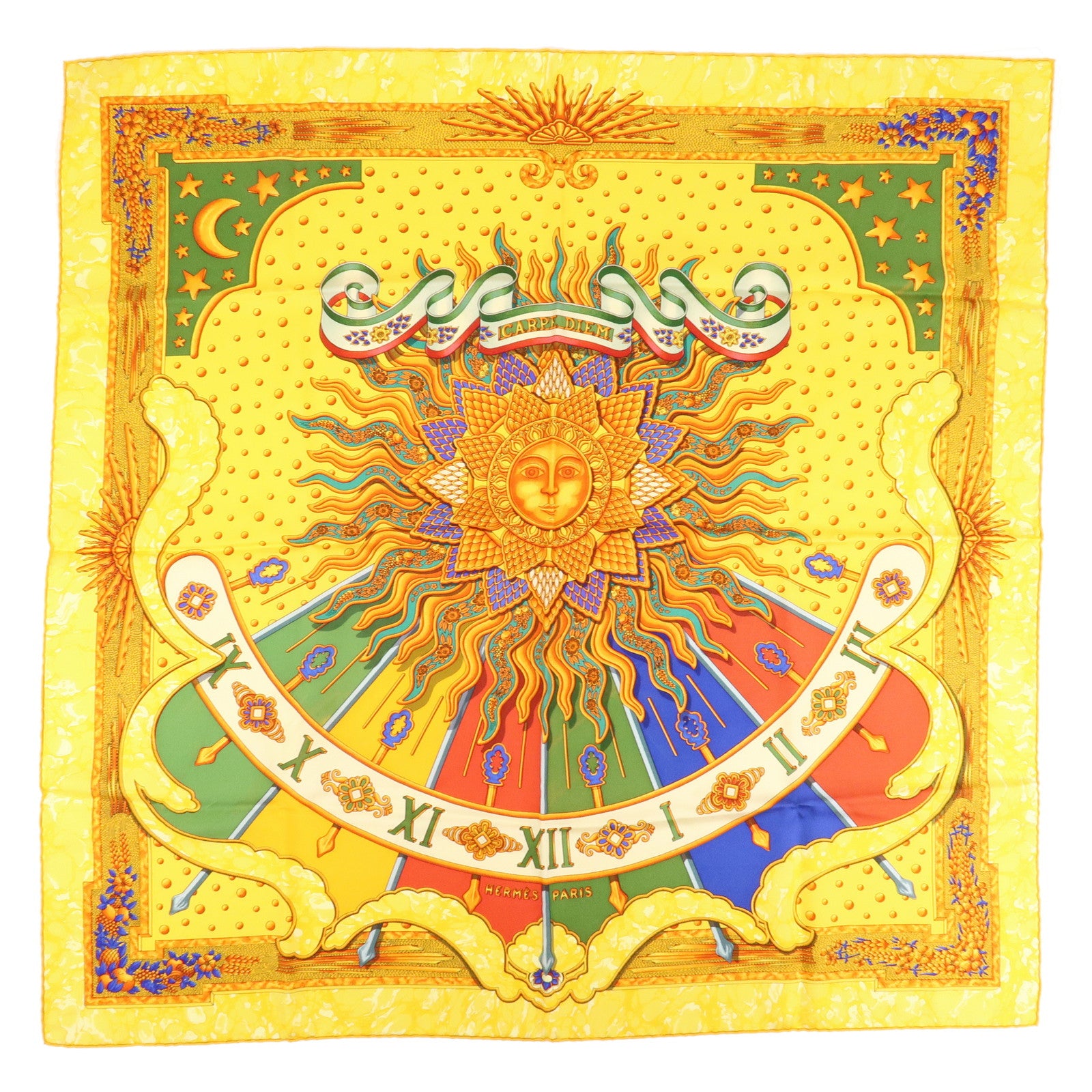 HERMES-Carre-90-Silk-100%-Scarf-CARPE-DIEM-Gold-Multicolor