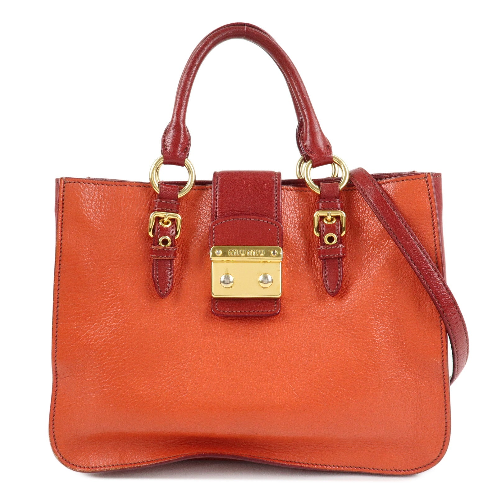 MIU-MIU-Leather-MADRAS-BICOLORE-2WAY-Bag-Hand-Bag-Orange