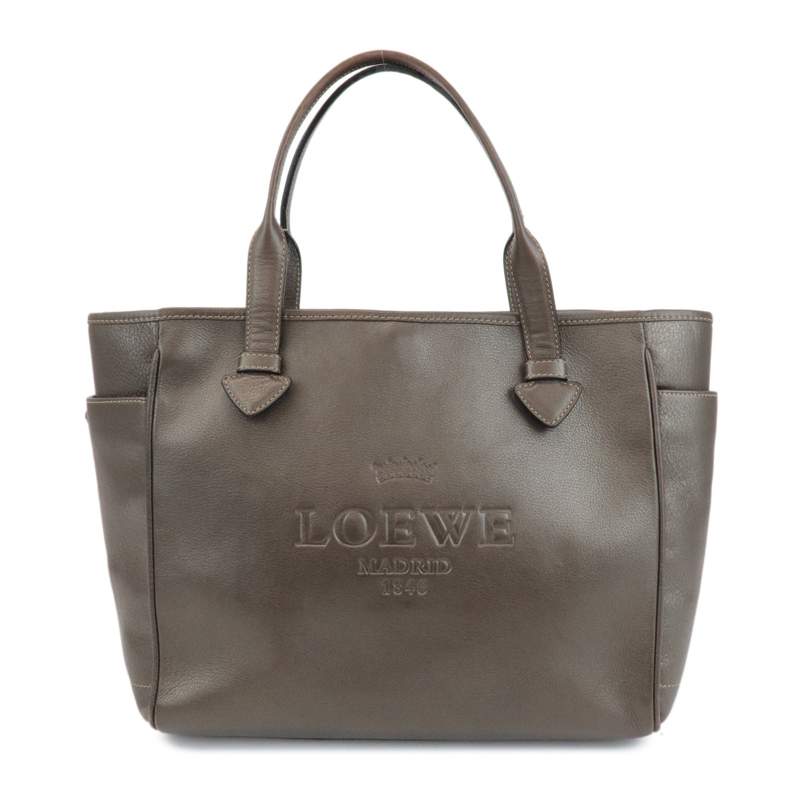 LOEWE-Heritage-Leather-Tote-Bag-Shoulder-Bag-Brown-Silver-Hardware